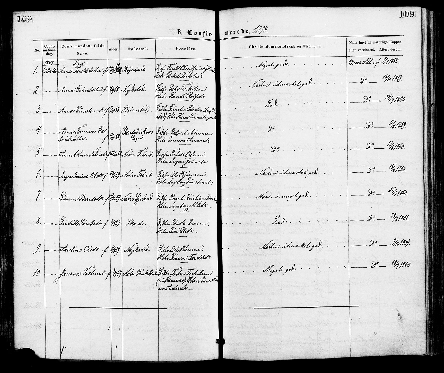 Hægebostad sokneprestkontor, AV/SAK-1111-0024/F/Fa/Faa/L0005: Parish register (official) no. A 5, 1864-1886, p. 109