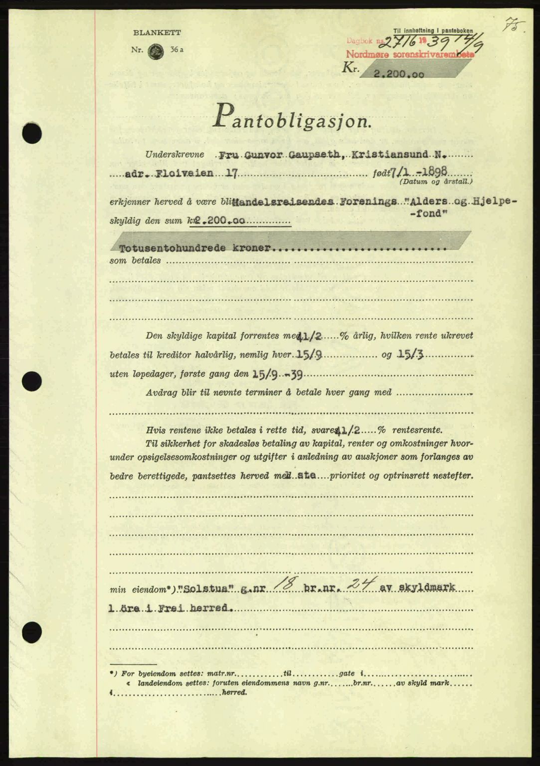 Nordmøre sorenskriveri, AV/SAT-A-4132/1/2/2Ca: Mortgage book no. B86, 1939-1940, Diary no: : 2716/1939