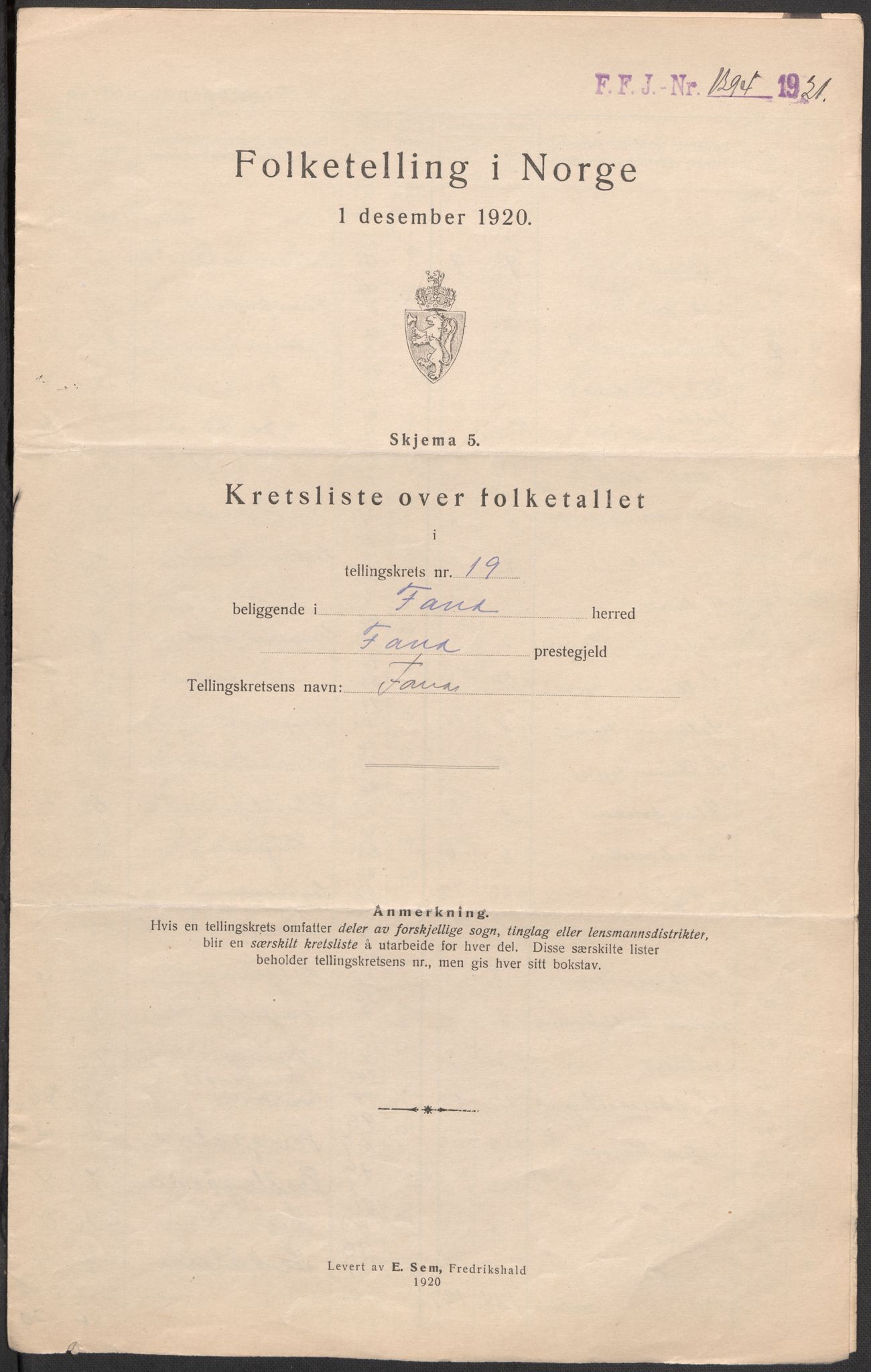 SAB, 1920 census for Fana, 1920, p. 74