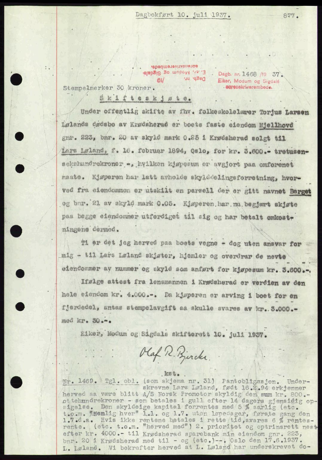 Eiker, Modum og Sigdal sorenskriveri, SAKO/A-123/G/Ga/Gab/L0035: Mortgage book no. A5, 1937-1937, Diary no: : 1468/1937