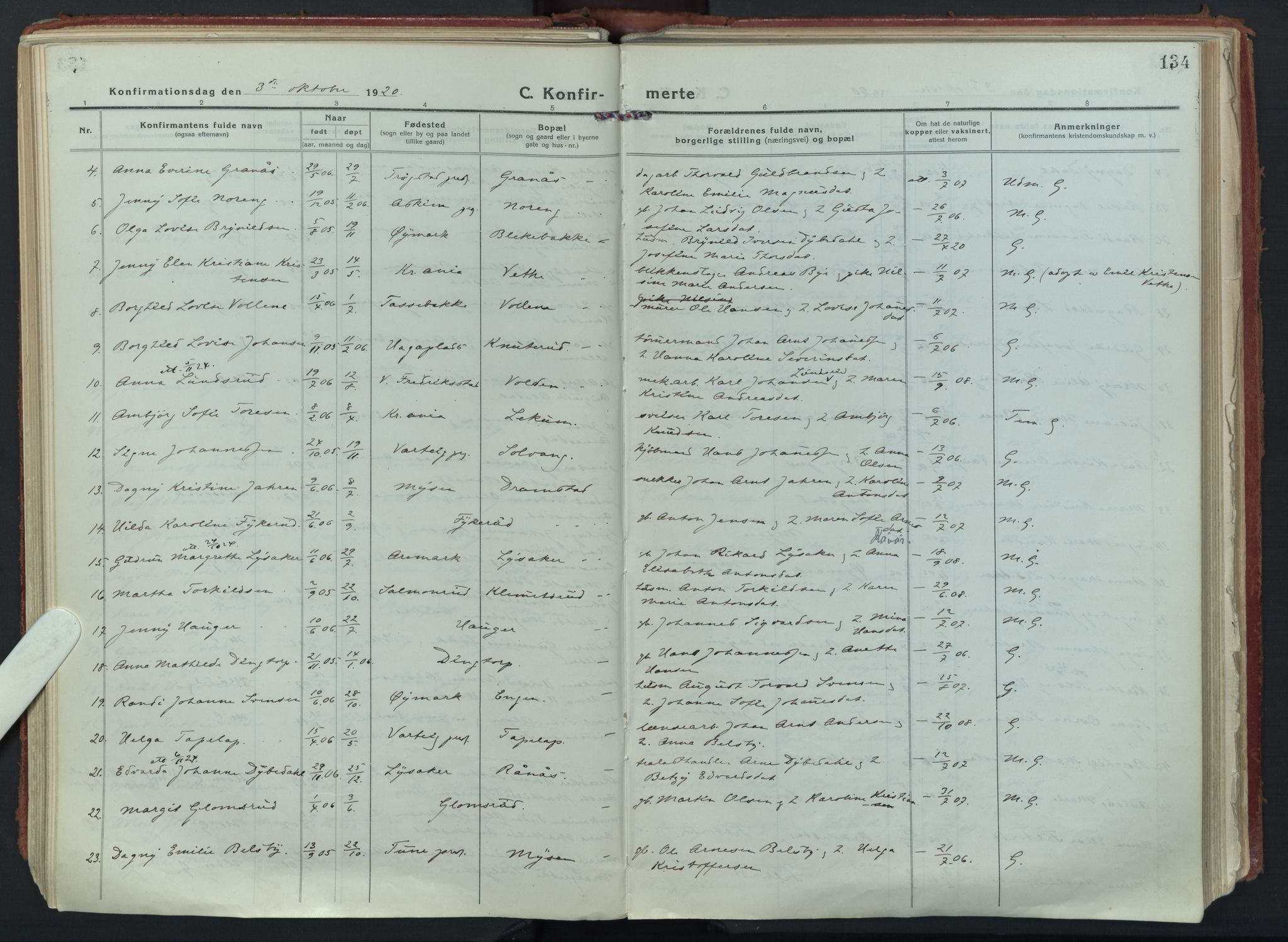 Eidsberg prestekontor Kirkebøker, AV/SAO-A-10905/F/Fa/L0015: Parish register (official) no. I 15, 1920-1937, p. 134