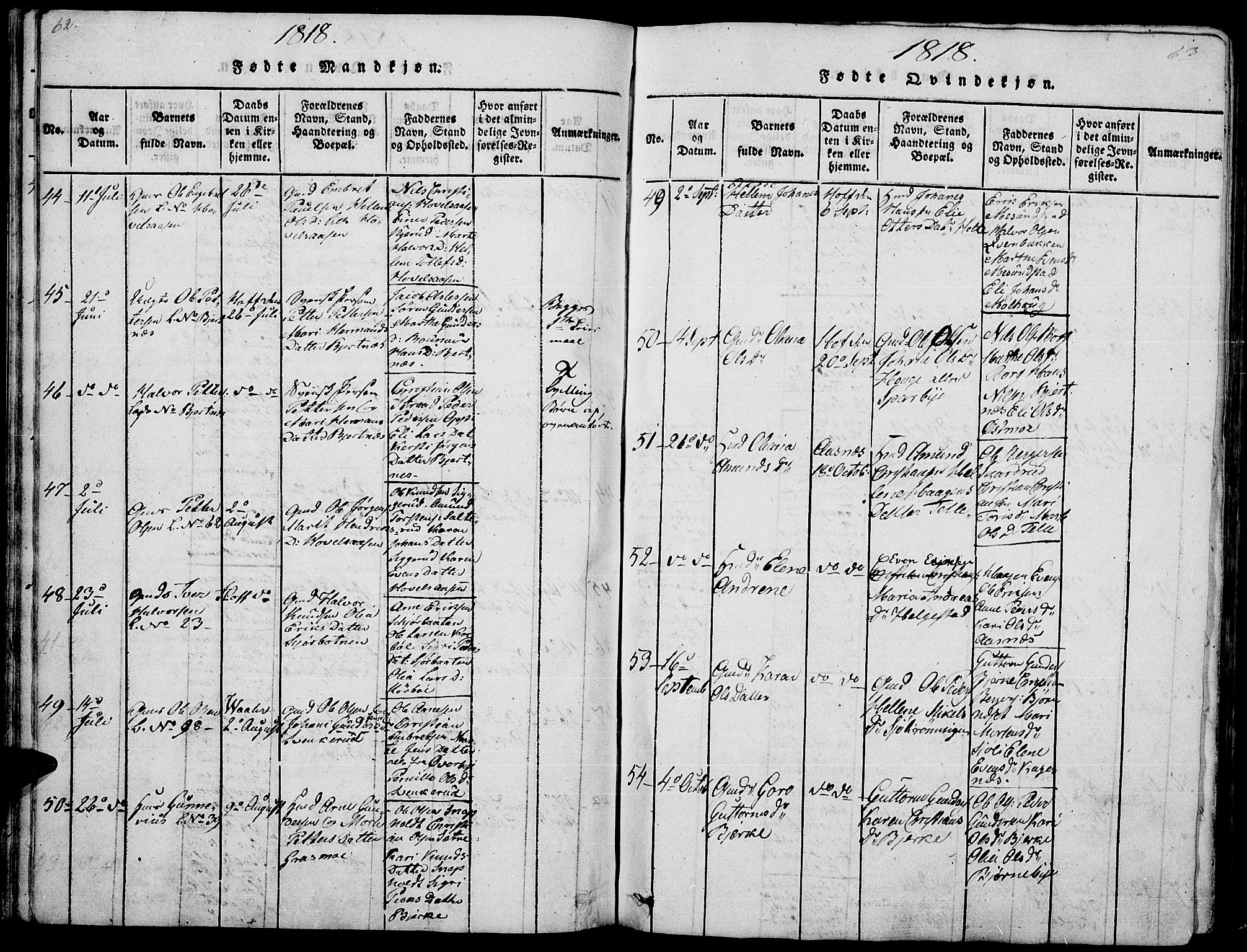 Hof prestekontor, SAH/PREST-038/H/Ha/Haa/L0005: Parish register (official) no. 5, 1816-1822, p. 62-63