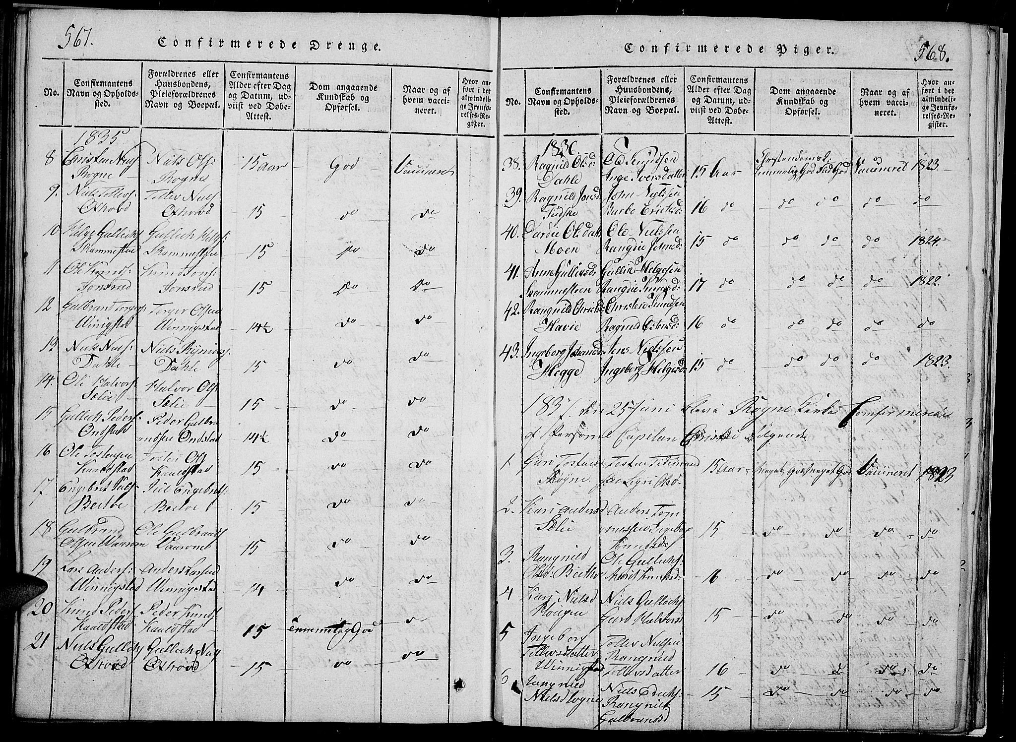 Slidre prestekontor, SAH/PREST-134/H/Ha/Hab/L0002: Parish register (copy) no. 2, 1814-1839, p. 567-568