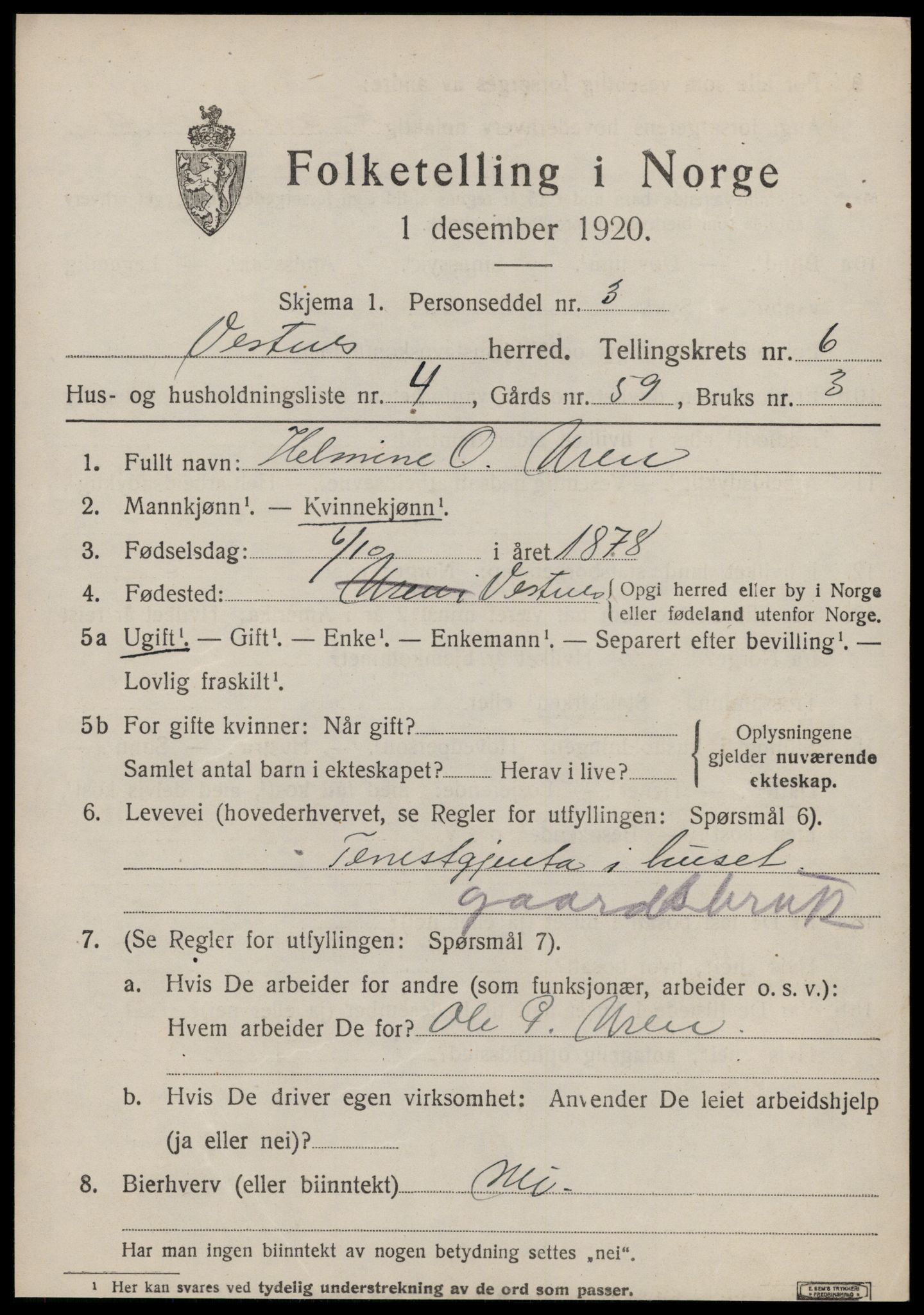 SAT, 1920 census for Vestnes, 1920, p. 4347