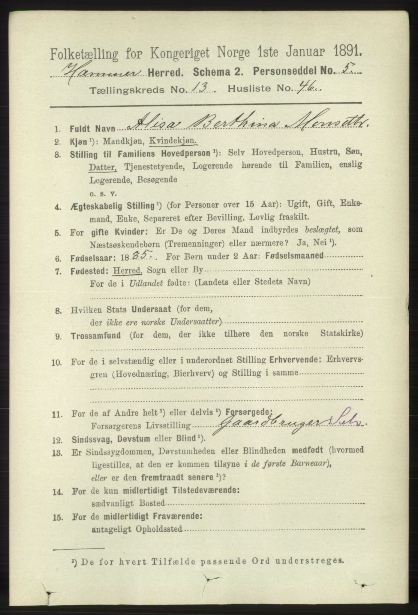 RA, 1891 census for 1254 Hamre, 1891, p. 4344