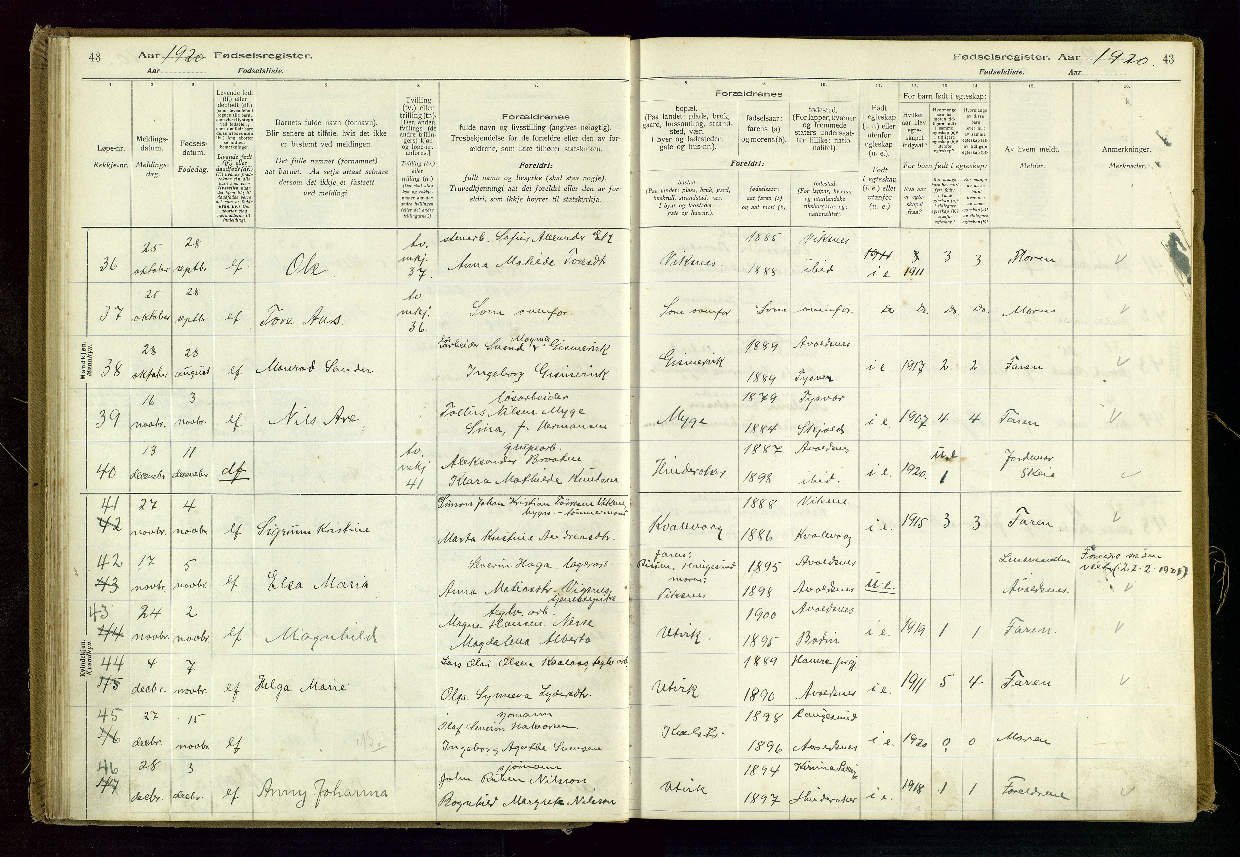 Avaldsnes sokneprestkontor, AV/SAST-A -101851/I/Id/L0001: Birth register no. 1, 1916-1946, p. 43