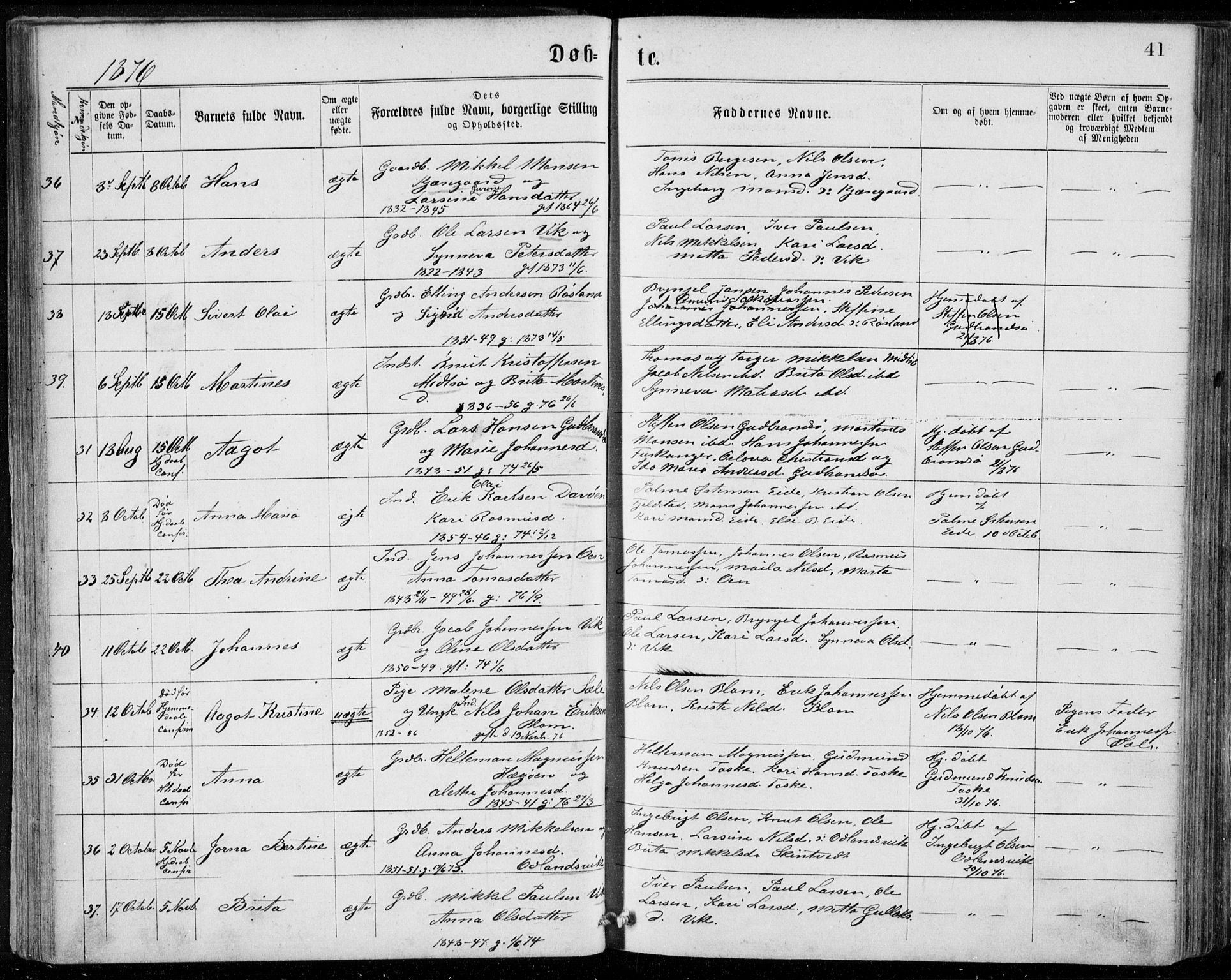 Herdla Sokneprestembete, SAB/A-75701/H/Haa: Parish register (official) no. A 2, 1869-1877, p. 41