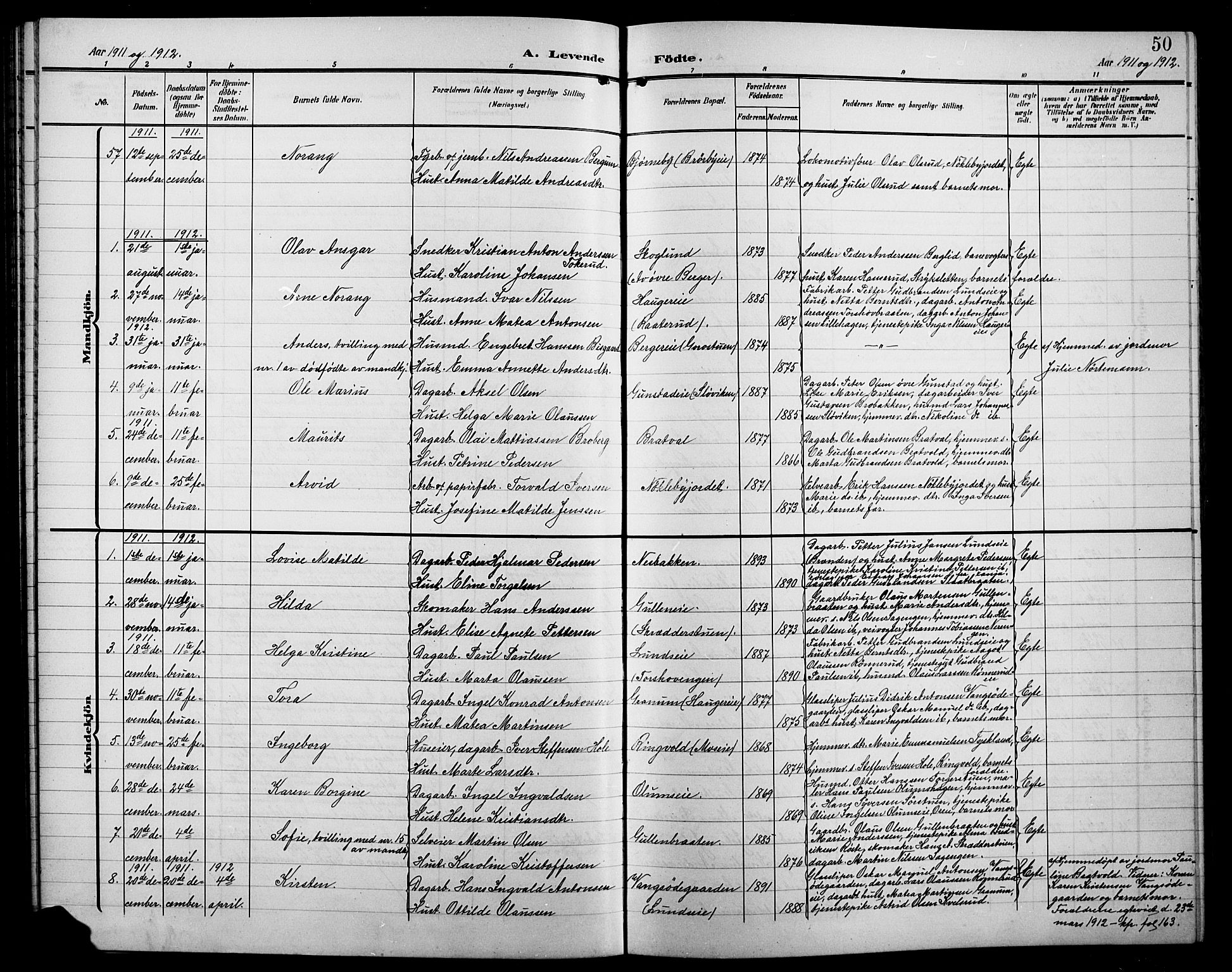 Jevnaker prestekontor, SAH/PREST-116/H/Ha/Hab/L0004: Parish register (copy) no. 4, 1907-1918, p. 50