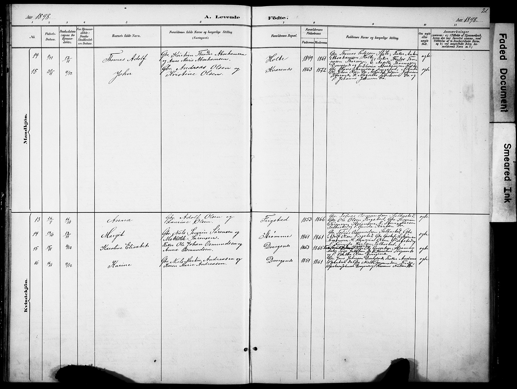 Oddernes sokneprestkontor, SAK/1111-0033/F/Fb/Fbb/L0002: Parish register (copy) no. B 2, 1889-1933, p. 21