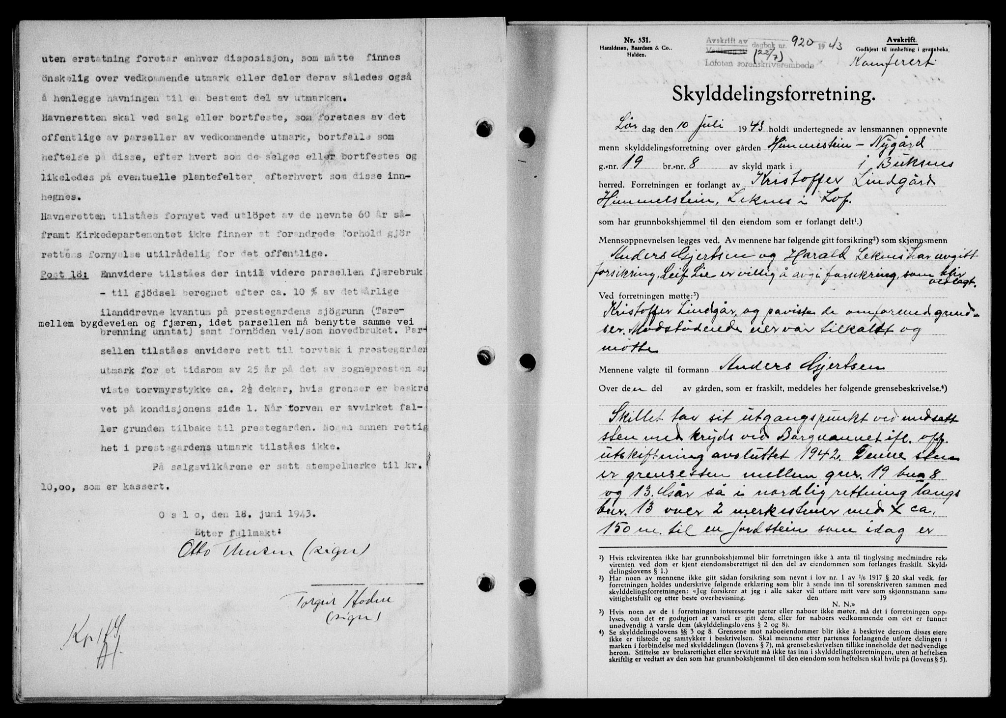 Lofoten sorenskriveri, SAT/A-0017/1/2/2C/L0011a: Mortgage book no. 11a, 1943-1943, Diary no: : 920/1943