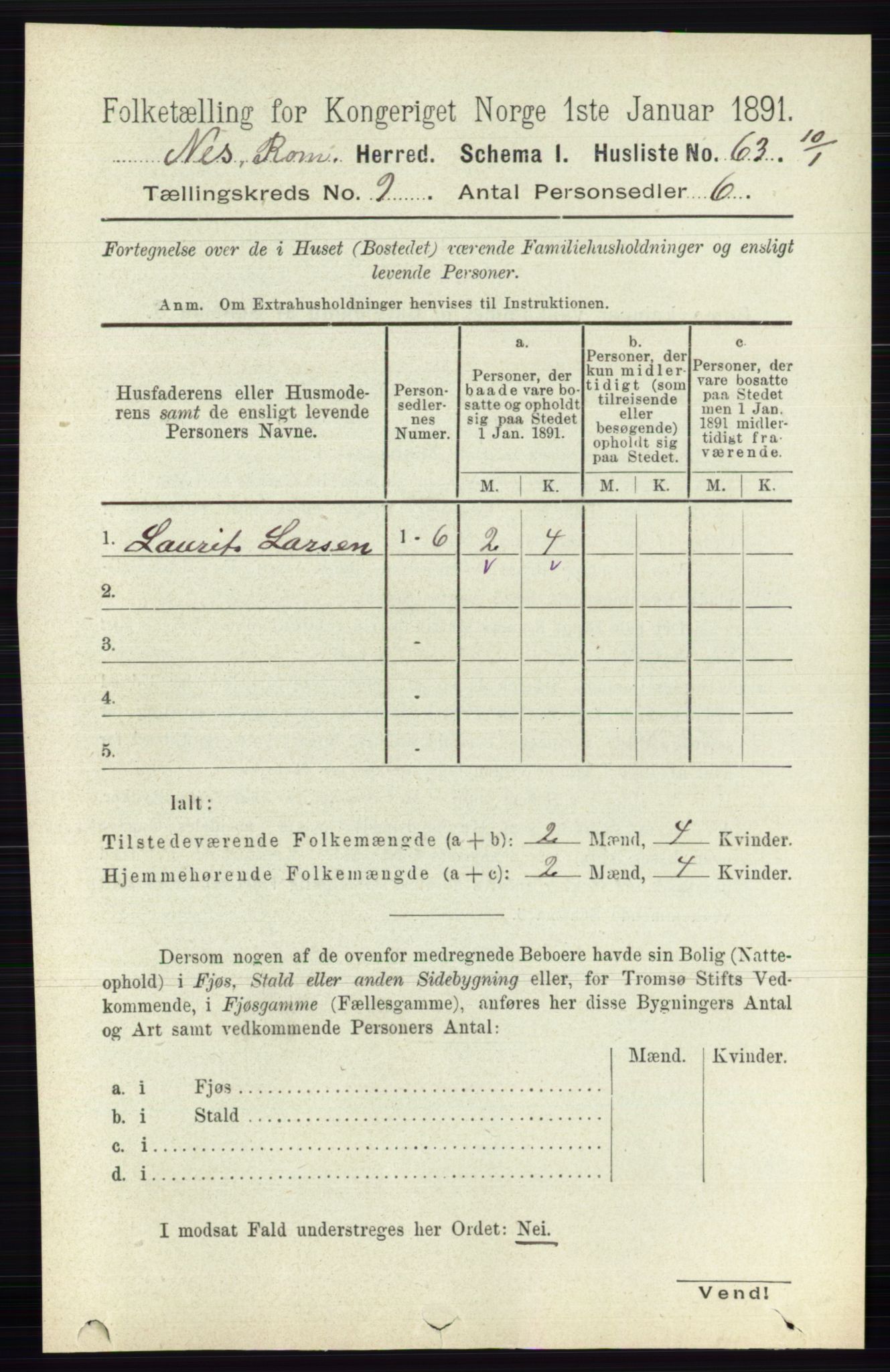 RA, 1891 census for 0236 Nes, 1891, p. 5249
