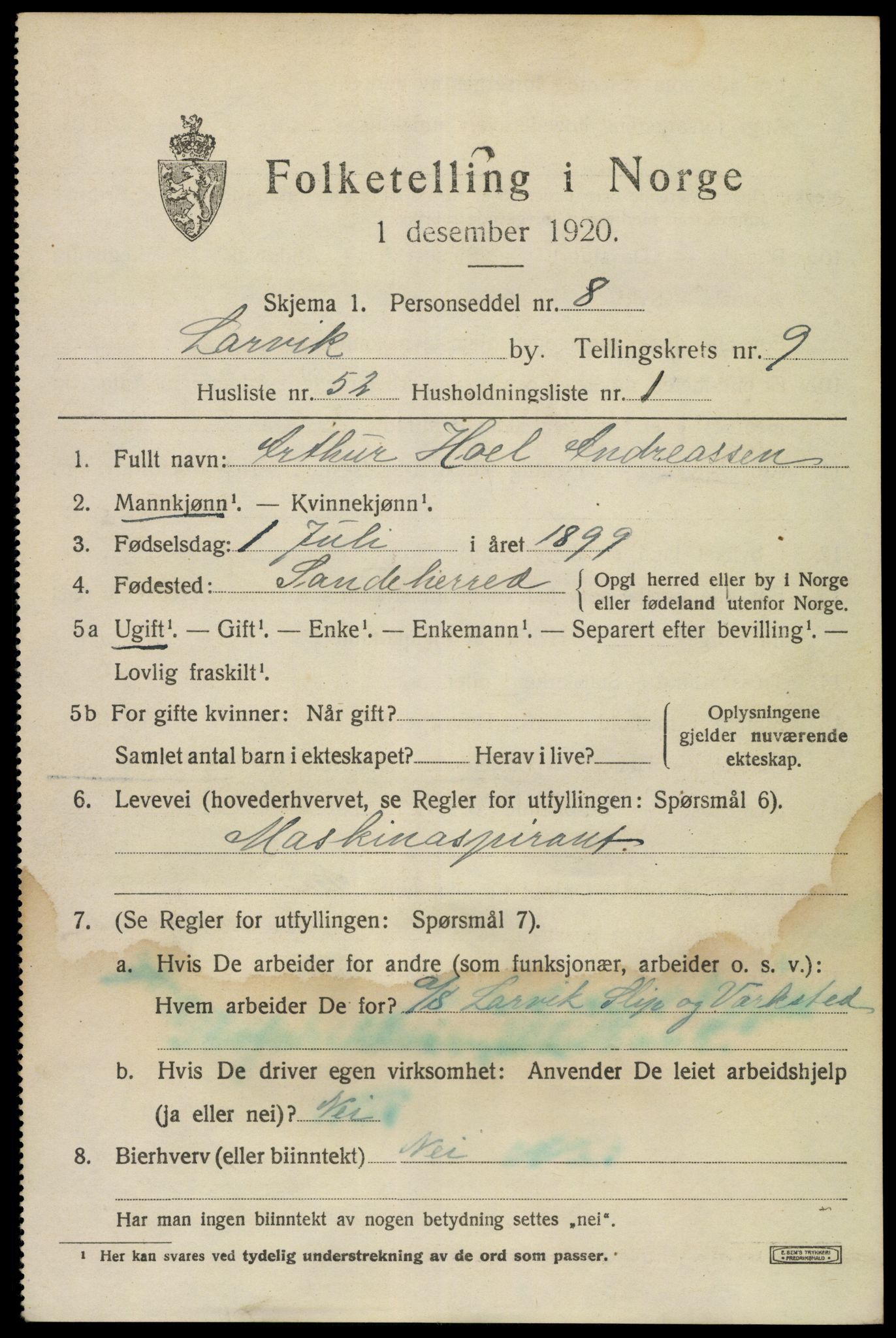 SAKO, 1920 census for Larvik, 1920, p. 25566