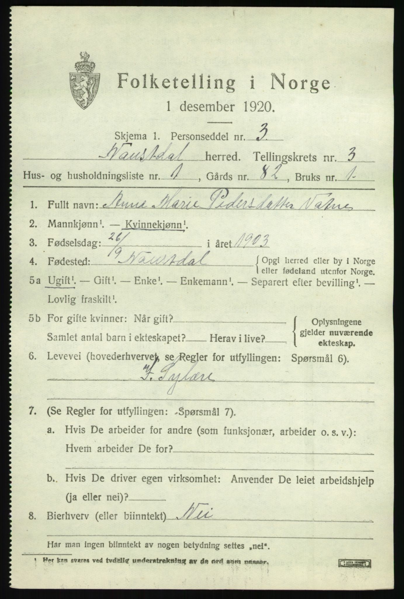 SAB, 1920 census for Naustdal, 1920, p. 1719