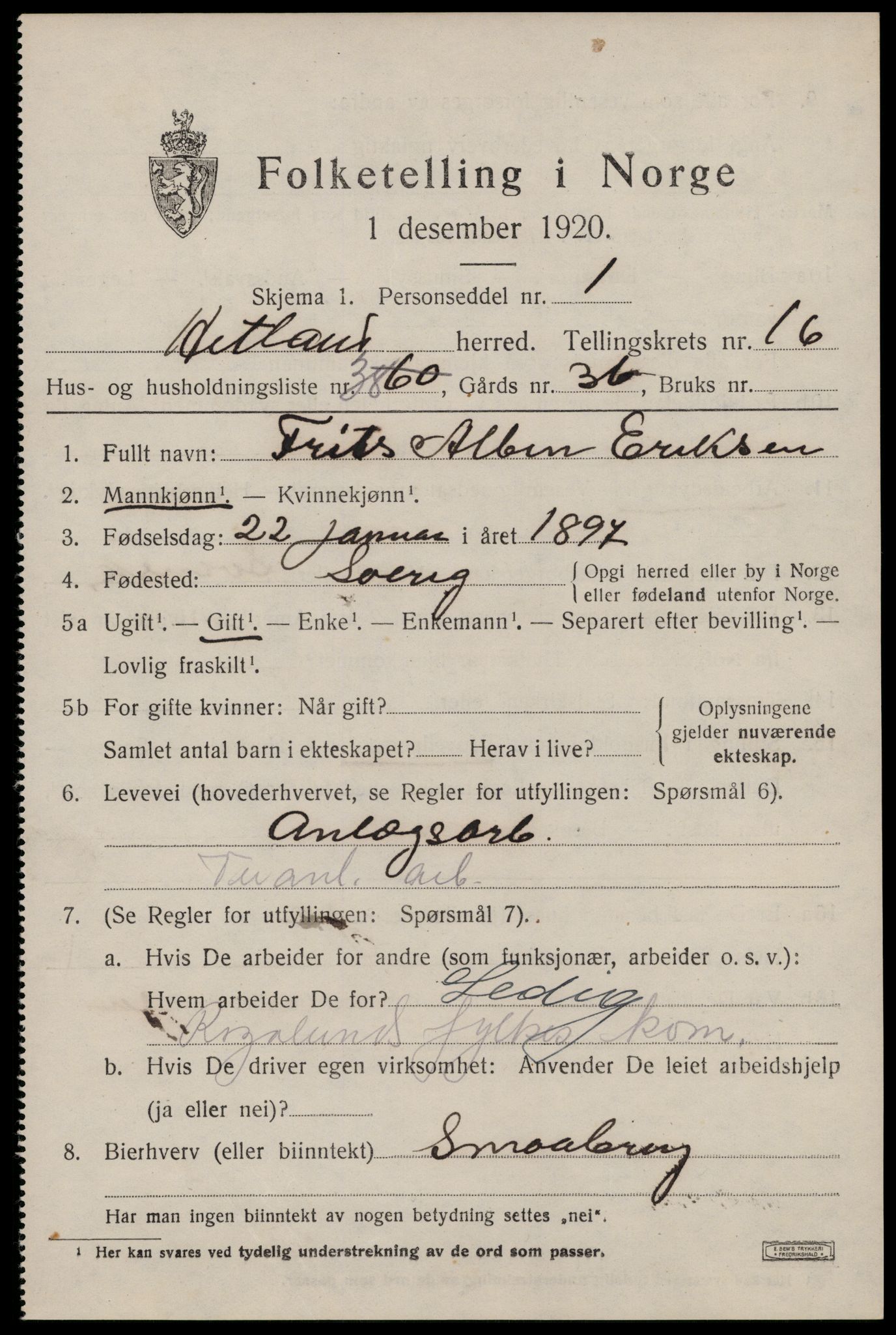 SAST, 1920 census for Hetland, 1920, p. 23547