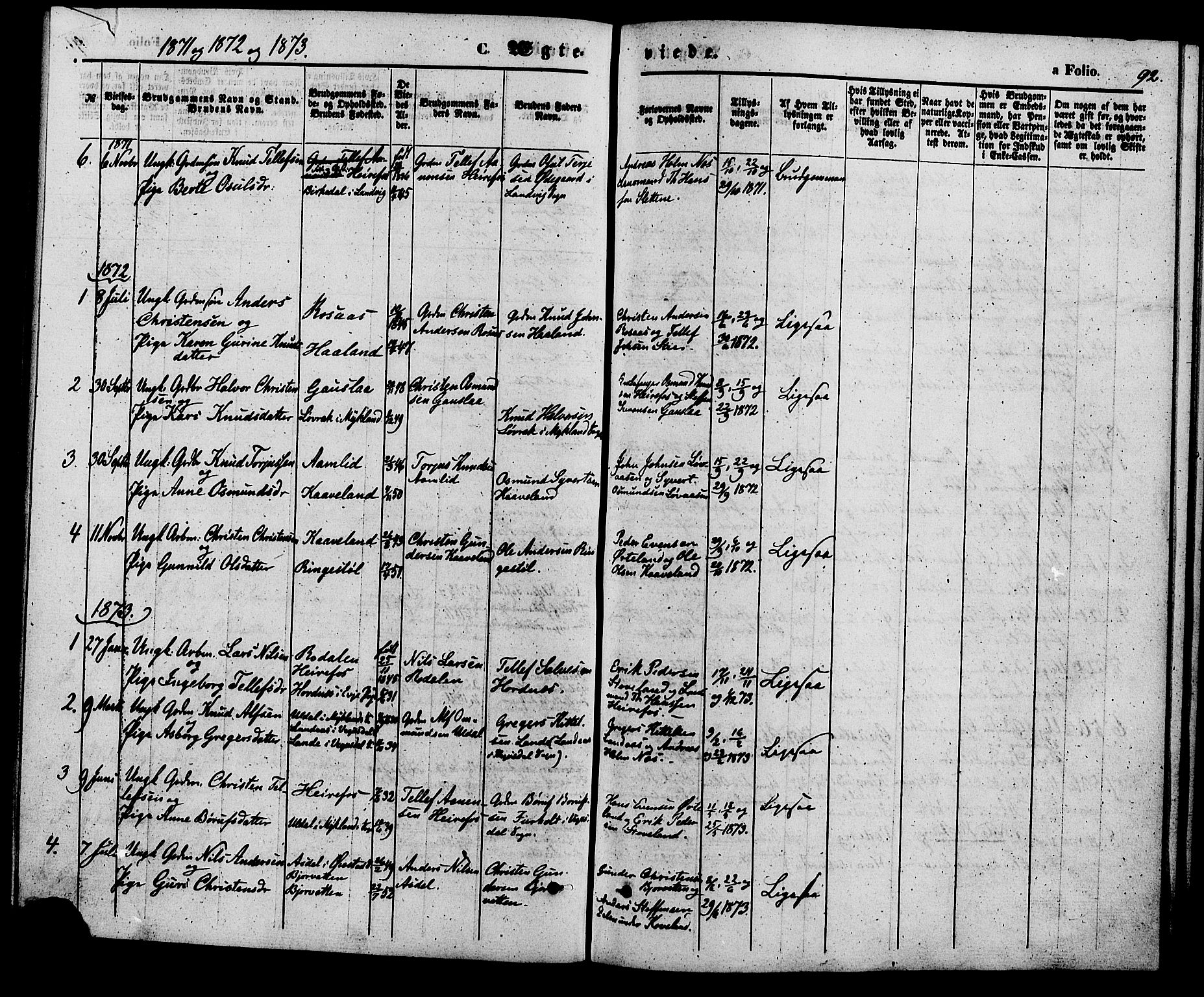 Herefoss sokneprestkontor, AV/SAK-1111-0019/F/Fa/Faa/L0002: Parish register (official) no. A 2, 1861-1886, p. 92