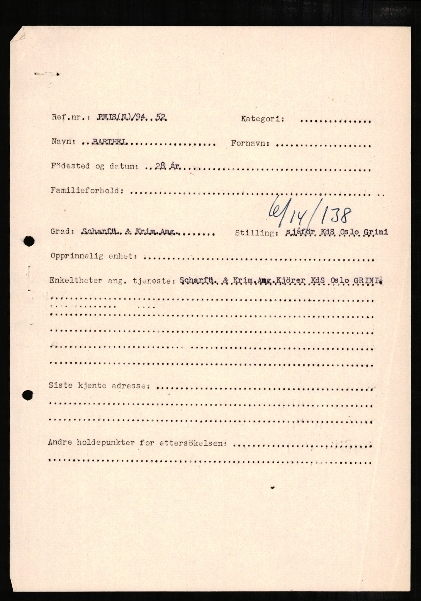 Forsvaret, Forsvarets overkommando II, RA/RAFA-3915/D/Db/L0002: CI Questionaires. Tyske okkupasjonsstyrker i Norge. Tyskere., 1945-1946, p. 114