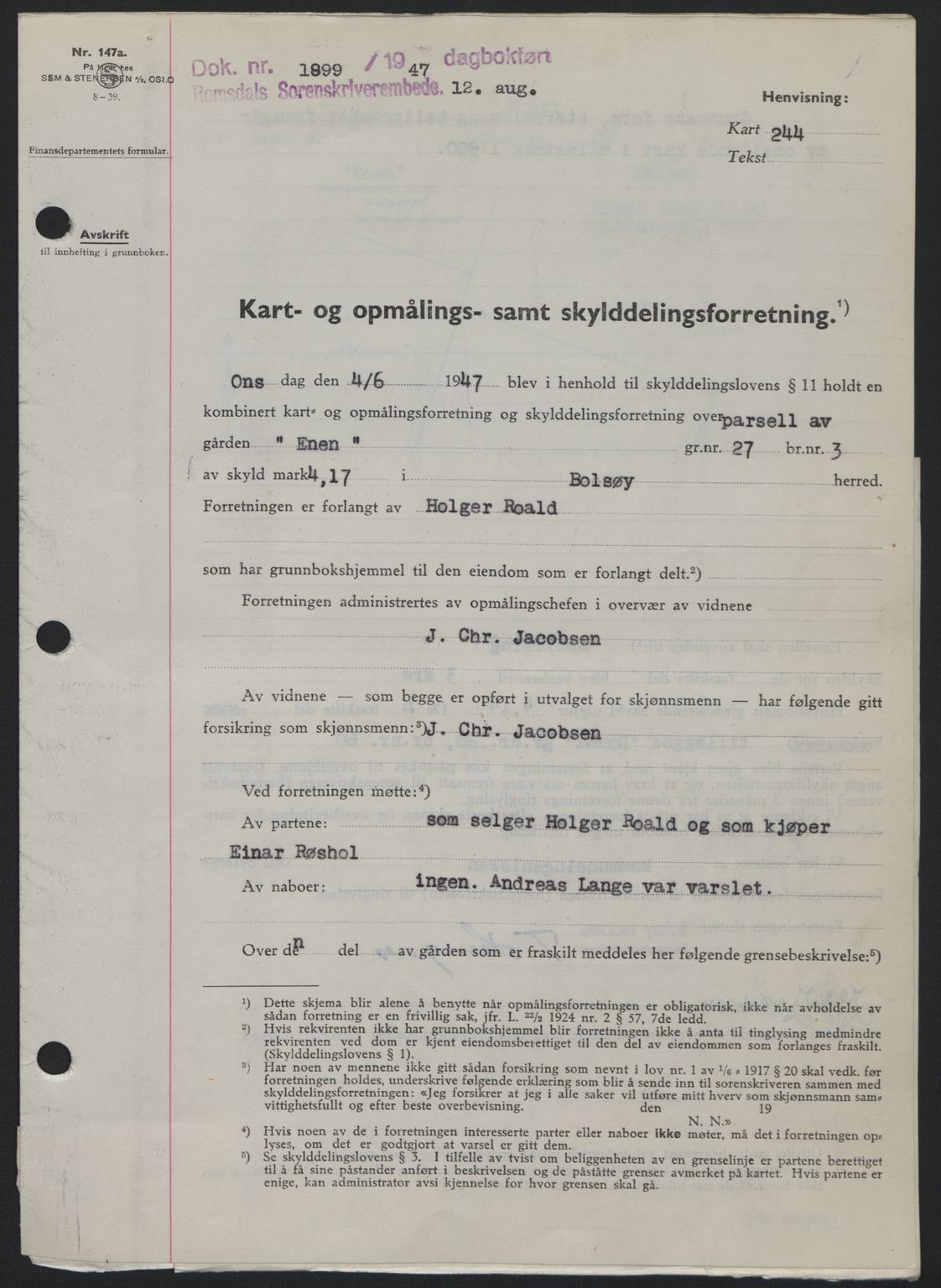 Romsdal sorenskriveri, AV/SAT-A-4149/1/2/2C: Mortgage book no. A23, 1947-1947, Diary no: : 1899/1947