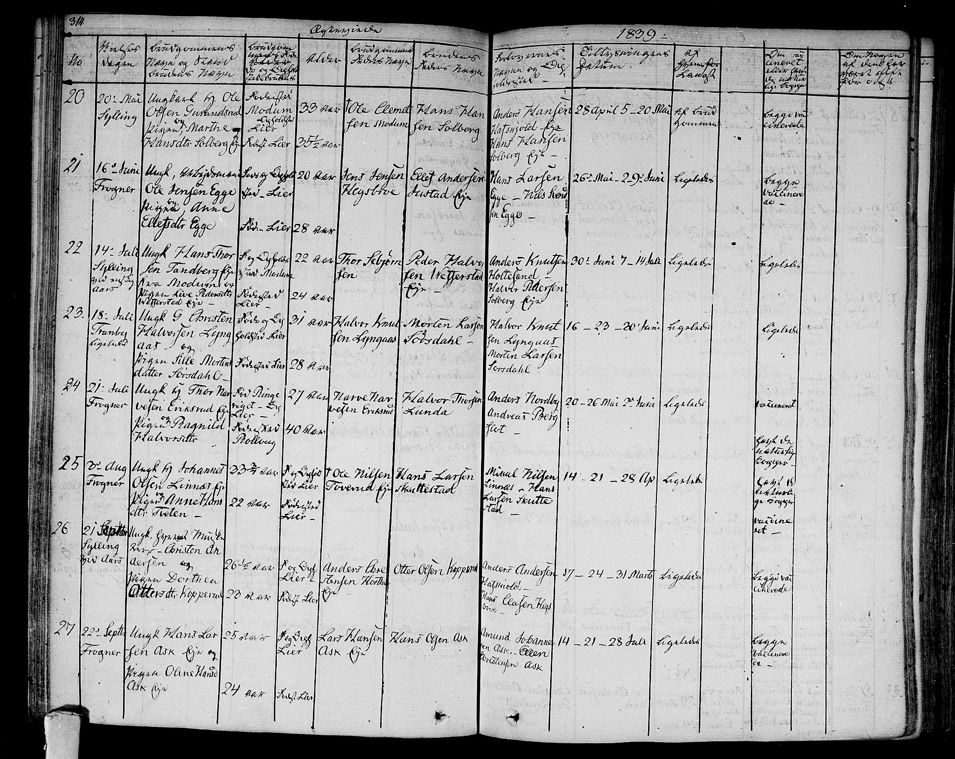 Lier kirkebøker, AV/SAKO-A-230/F/Fa/L0010: Parish register (official) no. I 10, 1827-1843, p. 314