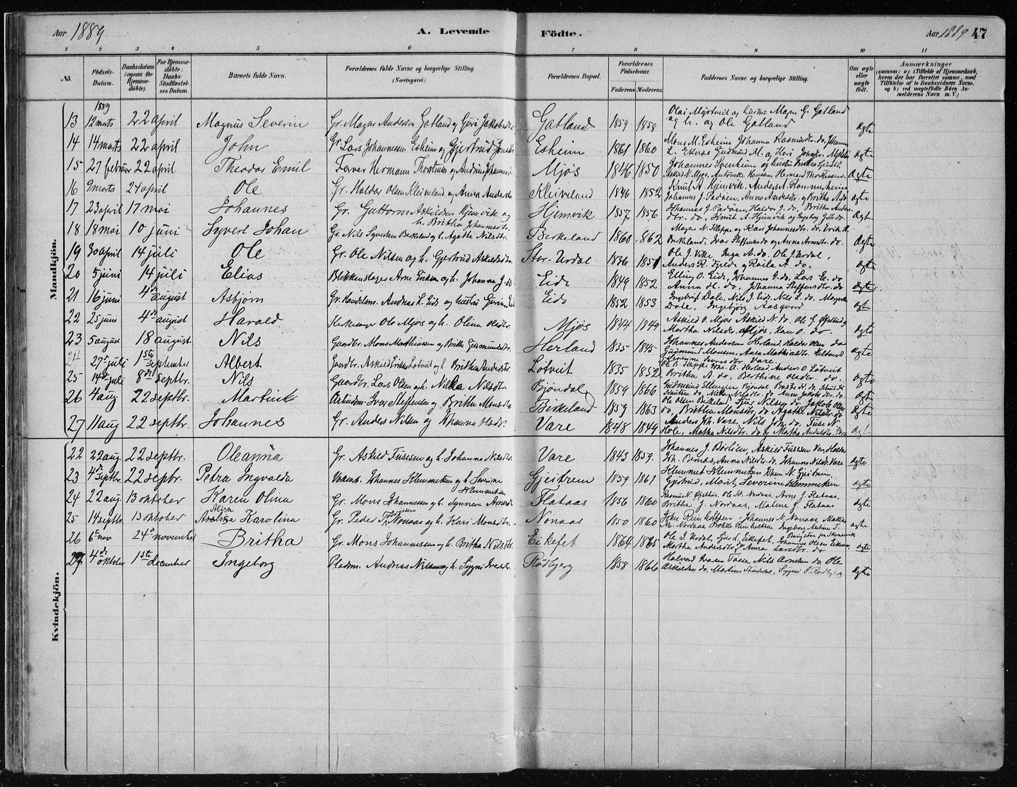 Hosanger sokneprestembete, AV/SAB-A-75801/H/Haa: Parish register (official) no. B  1, 1880-1896, p. 47