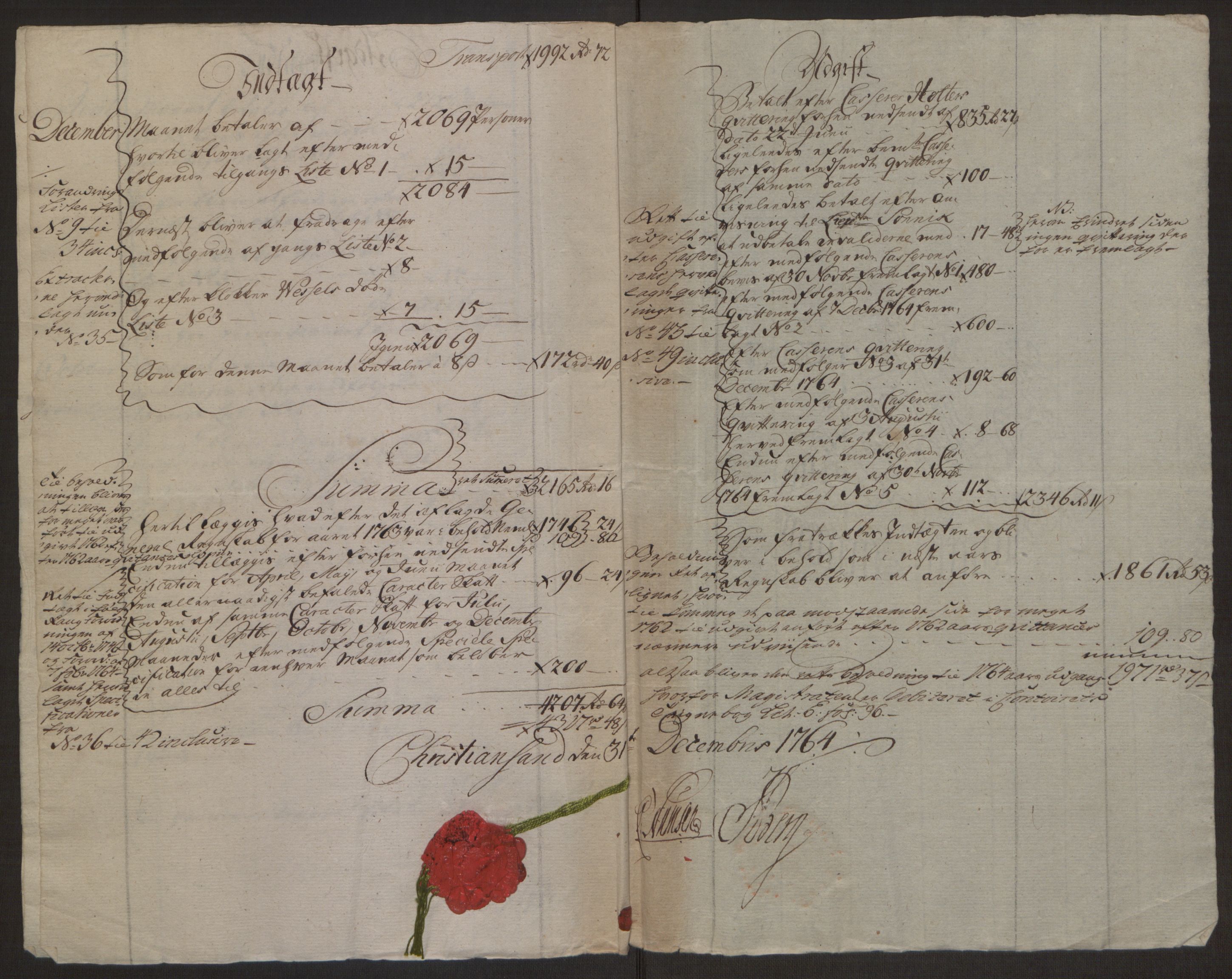 Rentekammeret inntil 1814, Reviderte regnskaper, Byregnskaper, AV/RA-EA-4066/R/Rm/L0265/0001: [M6] Kontribusjonsregnskap / Ekstraskatt, 1762-1764, p. 186