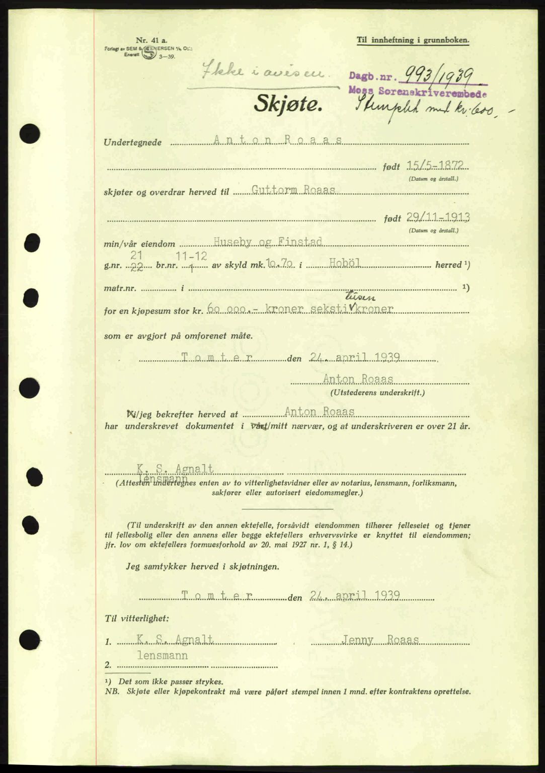 Moss sorenskriveri, SAO/A-10168: Mortgage book no. A5, 1938-1939, Diary no: : 993/1939