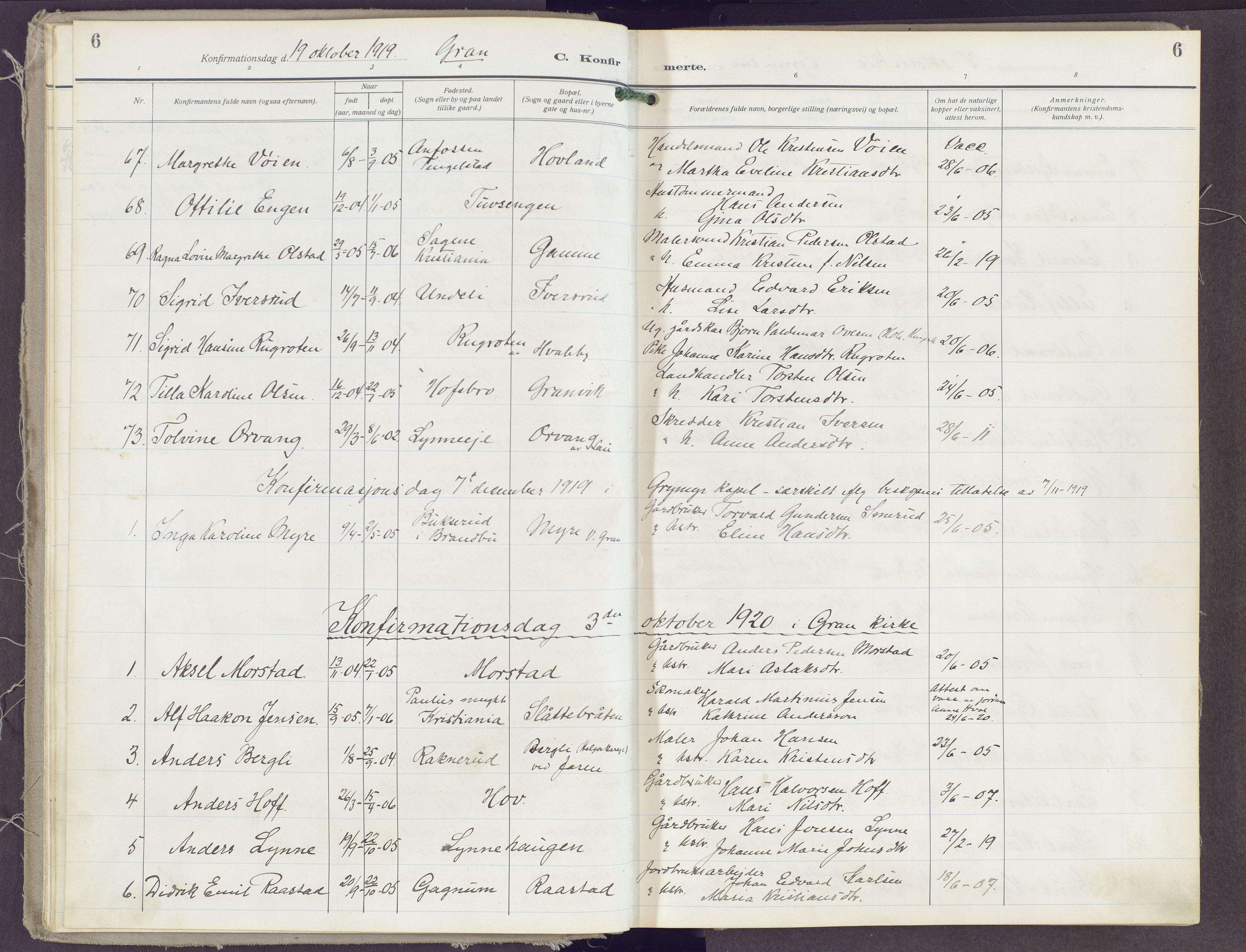Gran prestekontor, SAH/PREST-112/H/Ha/Haa/L0023: Parish register (official) no. 23, 1919-1938, p. 6