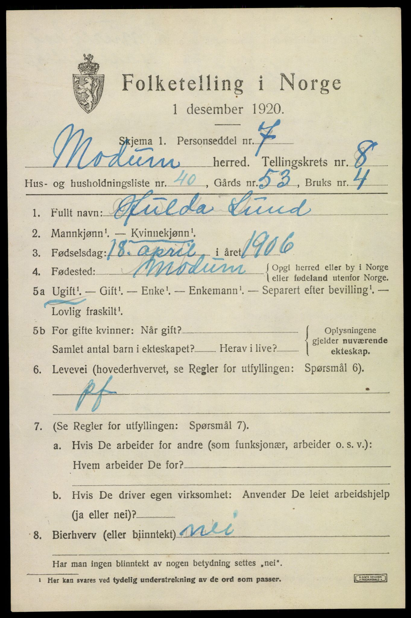 SAKO, 1920 census for Modum, 1920, p. 10857