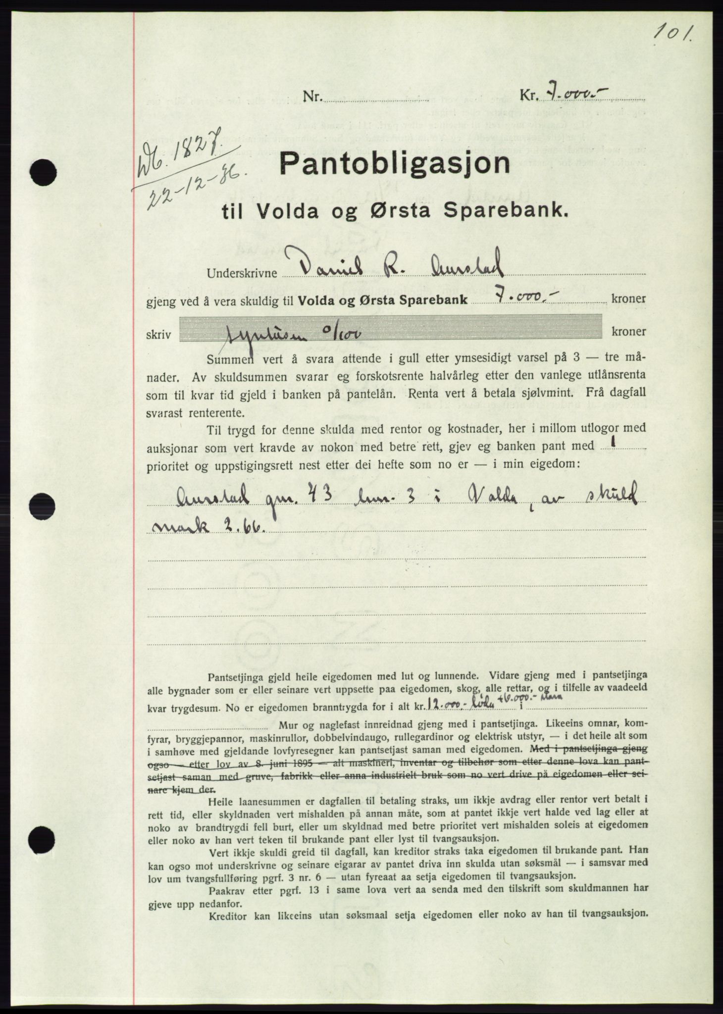 Søre Sunnmøre sorenskriveri, AV/SAT-A-4122/1/2/2C/L0062: Mortgage book no. 56, 1936-1937, Diary no: : 1827/1936