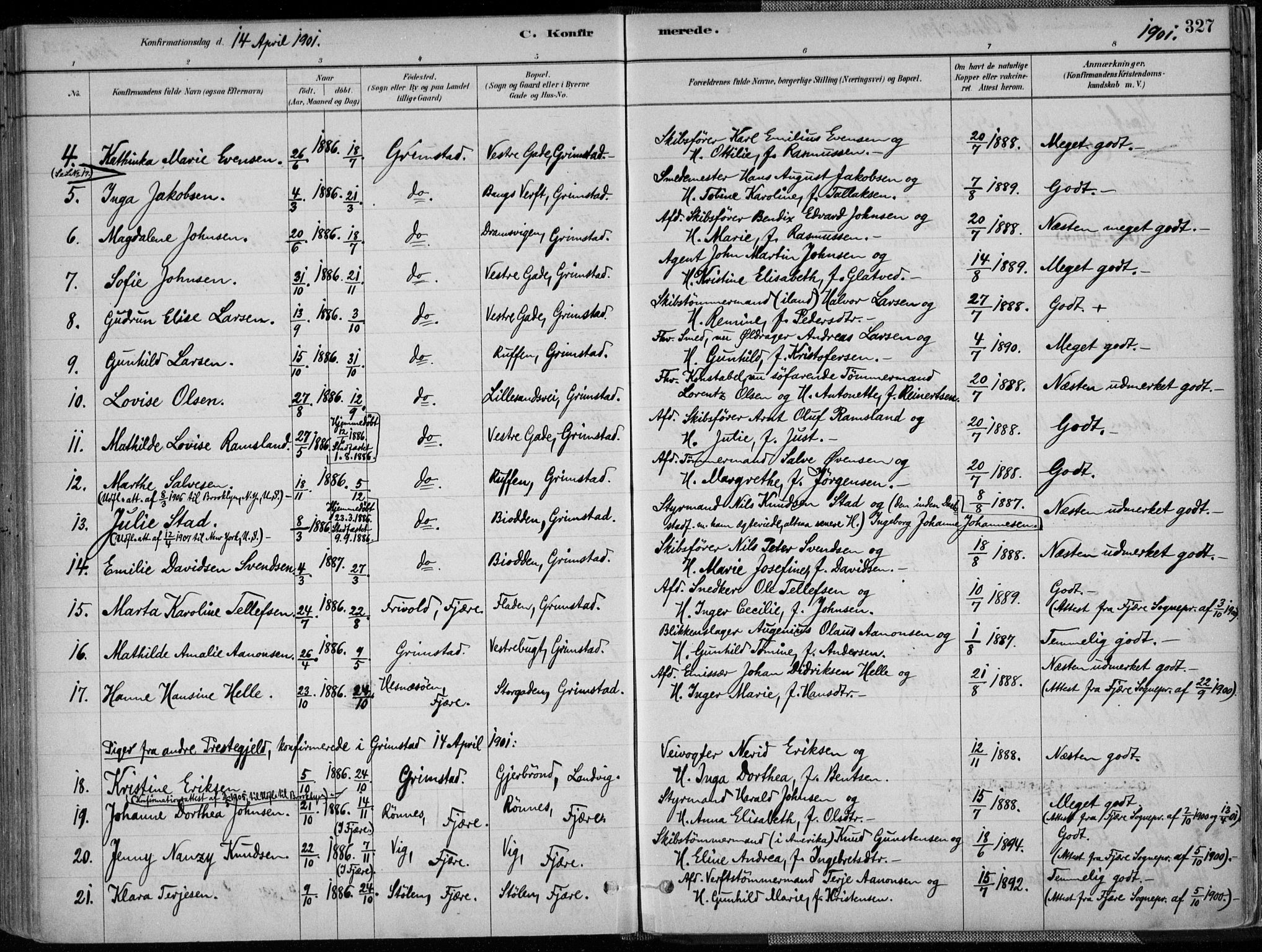 Grimstad sokneprestkontor, AV/SAK-1111-0017/F/Fa/L0003: Parish register (official) no. A 2, 1882-1912, p. 327