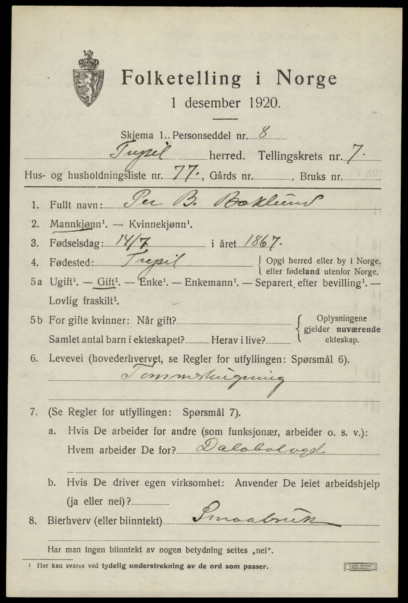 SAH, 1920 census for Trysil, 1920, p. 6207