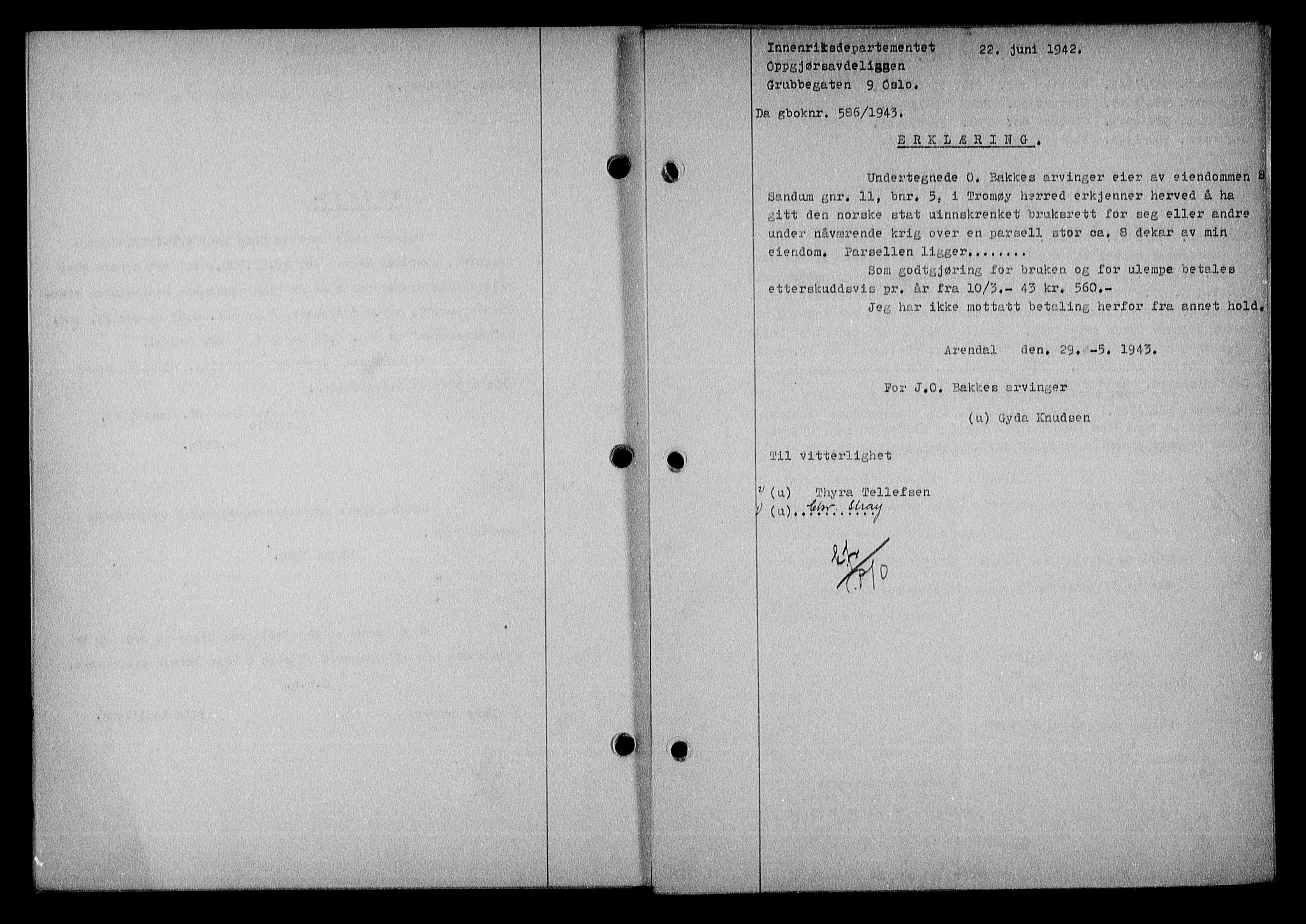 Nedenes sorenskriveri, SAK/1221-0006/G/Gb/Gba/L0050: Mortgage book no. A-IV, 1942-1943, Diary no: : 586/1943