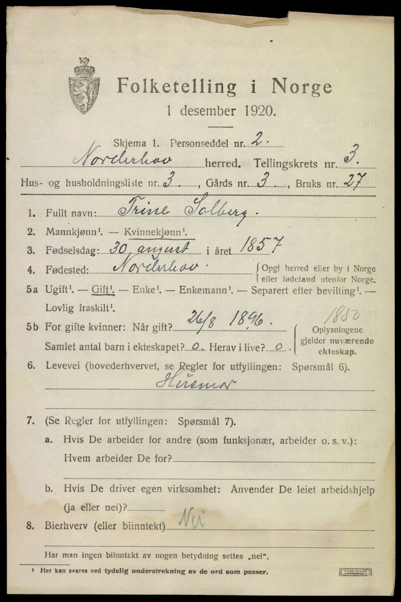 SAKO, 1920 census for Norderhov, 1920, p. 5296