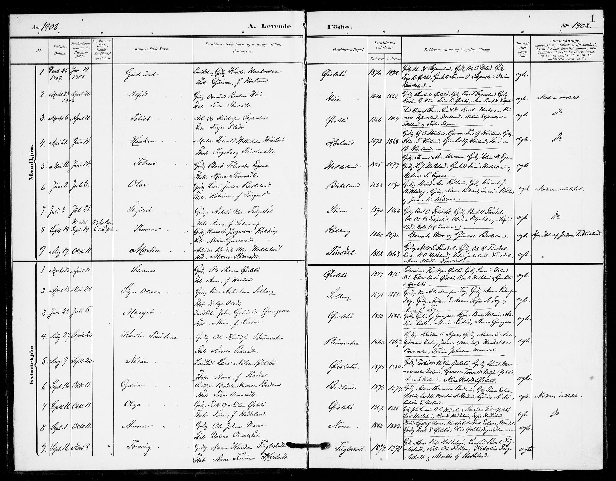 Holum sokneprestkontor, SAK/1111-0022/F/Fa/Fac/L0005: Parish register (official) no. A 5, 1908-1930, p. 1