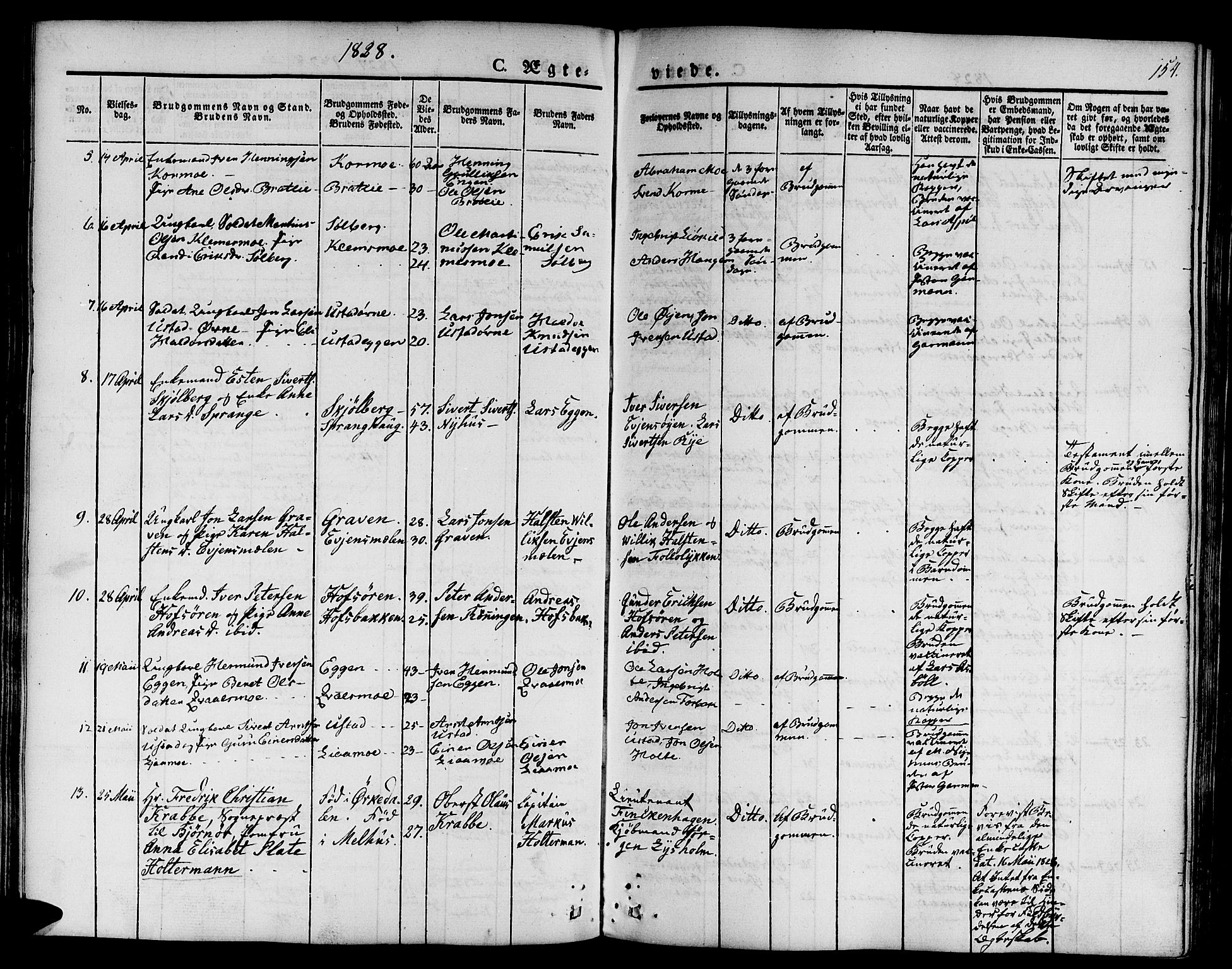 Ministerialprotokoller, klokkerbøker og fødselsregistre - Sør-Trøndelag, SAT/A-1456/668/L0804: Parish register (official) no. 668A04, 1826-1839, p. 154