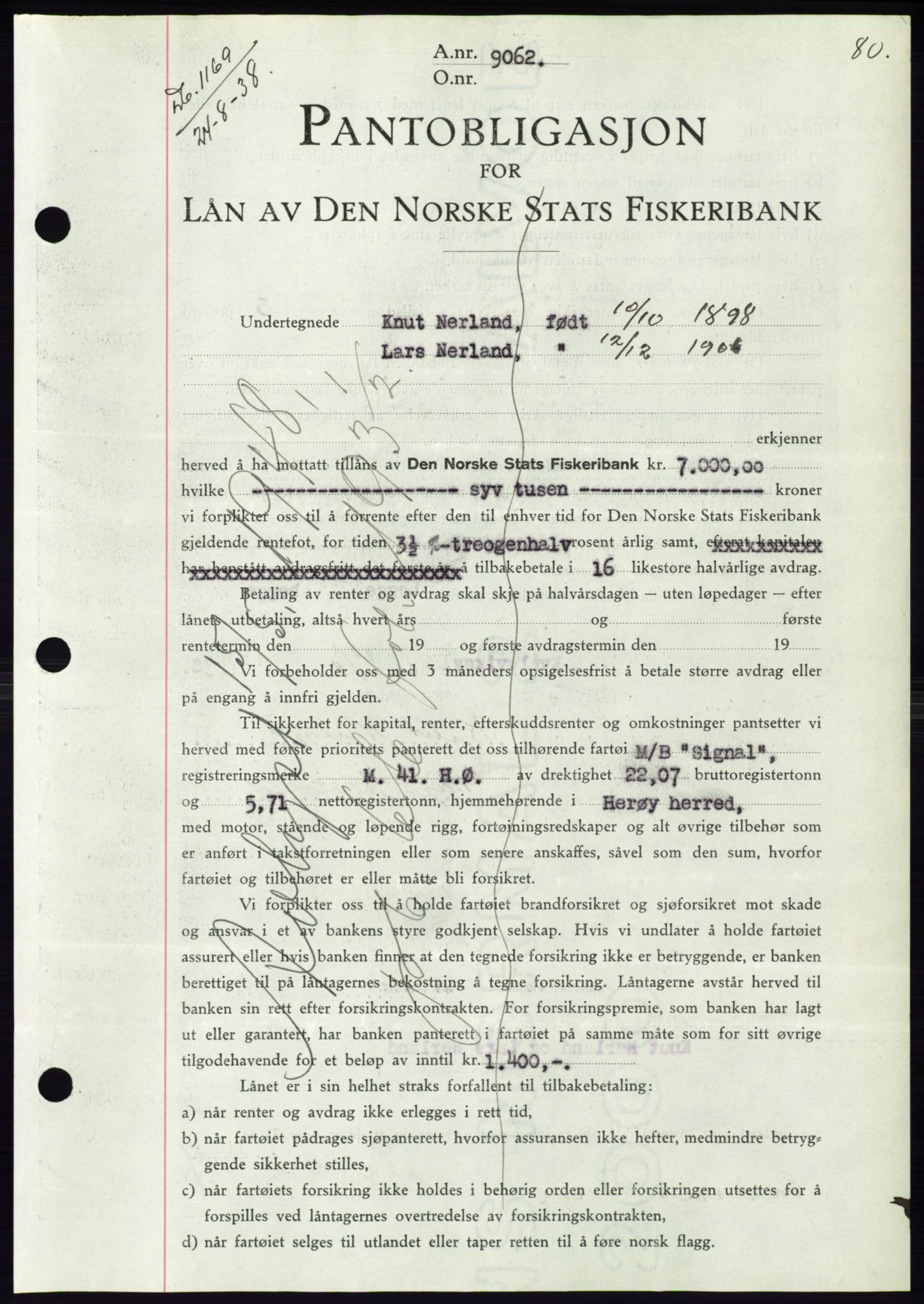 Søre Sunnmøre sorenskriveri, AV/SAT-A-4122/1/2/2C/L0066: Mortgage book no. 60, 1938-1938, Diary no: : 1169/1938