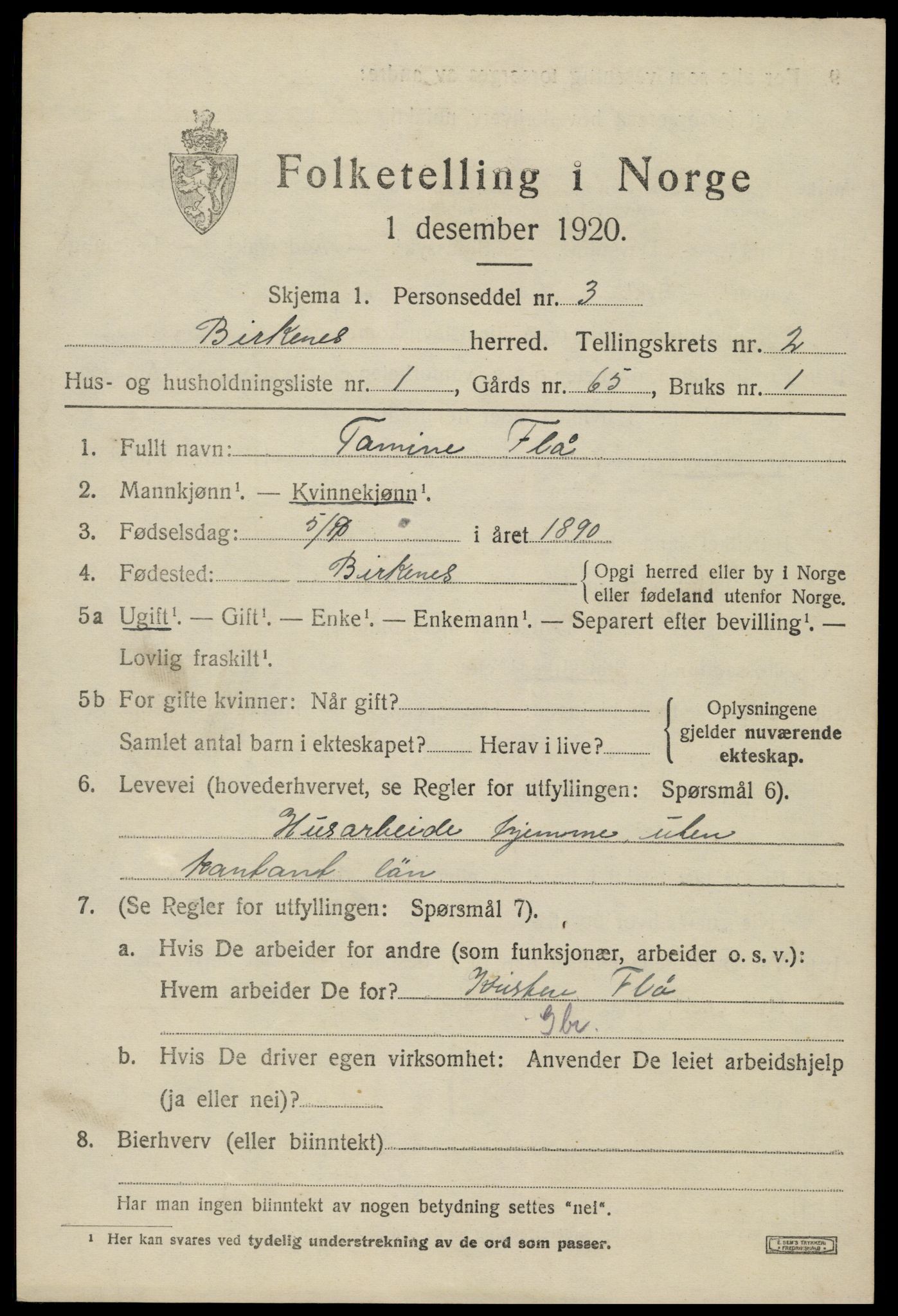 SAK, 1920 census for Birkenes, 1920, p. 1067