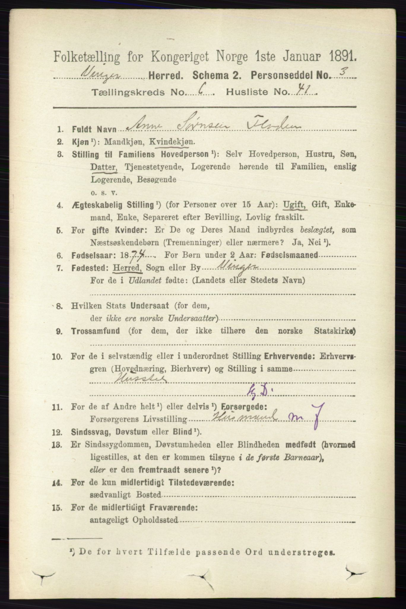 RA, 1891 census for 0421 Vinger, 1891, p. 2840