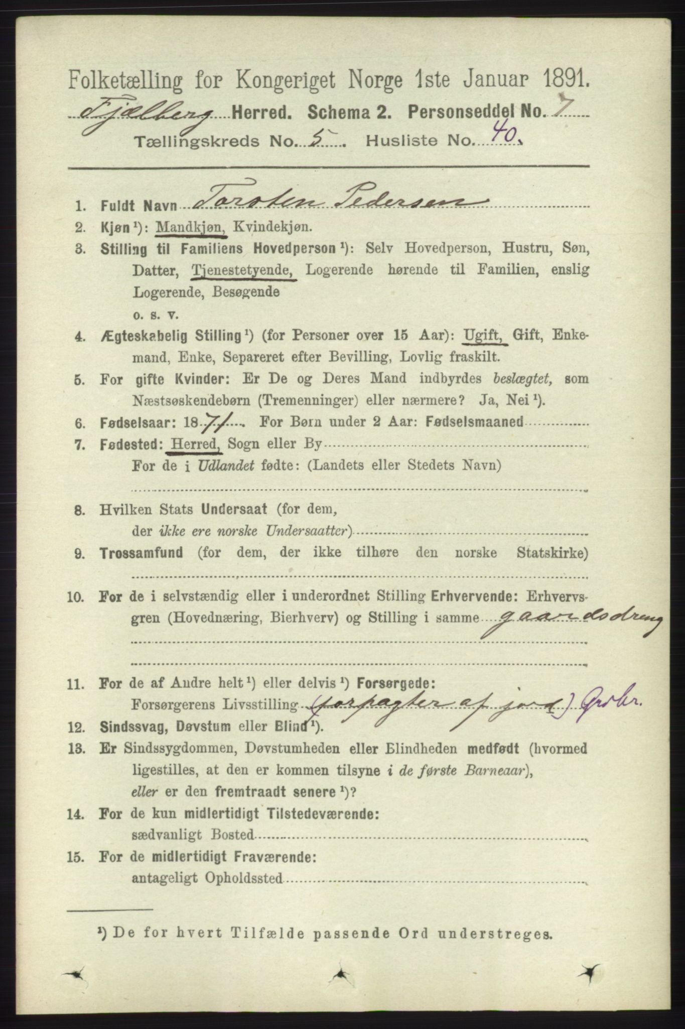 RA, 1891 census for 1213 Fjelberg, 1891, p. 1711