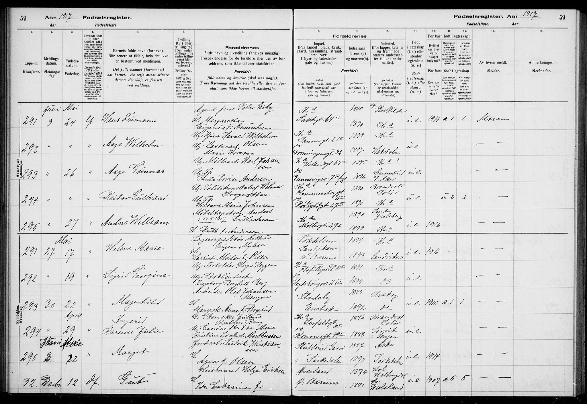 Rikshospitalet prestekontor Kirkebøker, SAO/A-10309b/J/L0002: Birth register no. 2, 1917-1917, p. 59