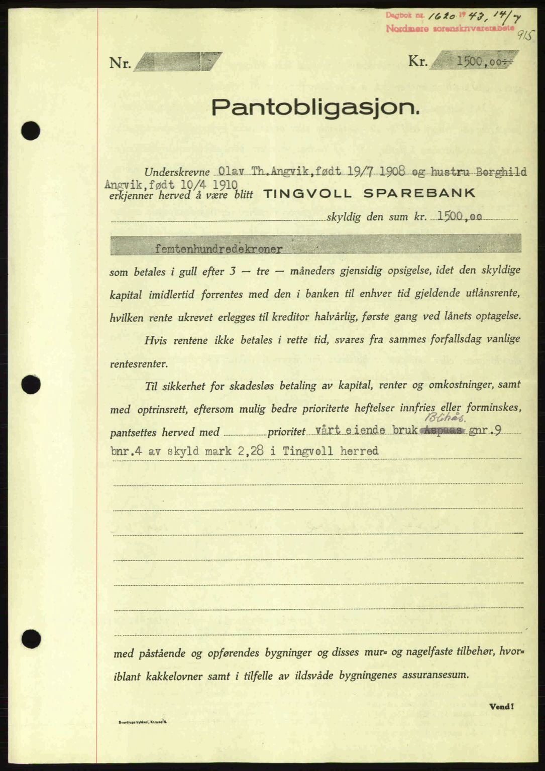 Nordmøre sorenskriveri, AV/SAT-A-4132/1/2/2Ca: Mortgage book no. B90, 1942-1943, Diary no: : 1620/1943