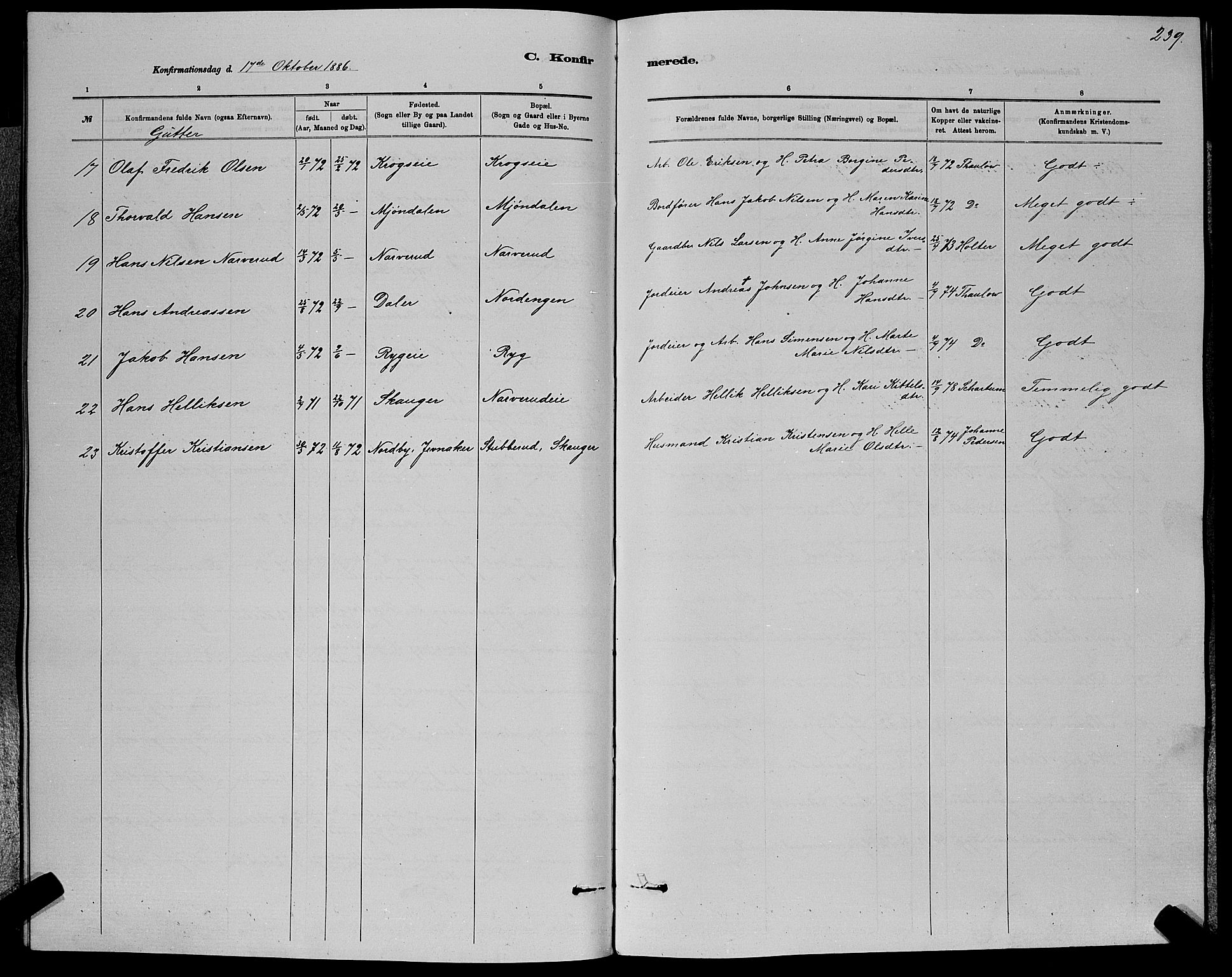 Nedre Eiker kirkebøker, AV/SAKO-A-612/G/Ga/L0002: Parish register (copy) no. 2, 1880-1896, p. 239