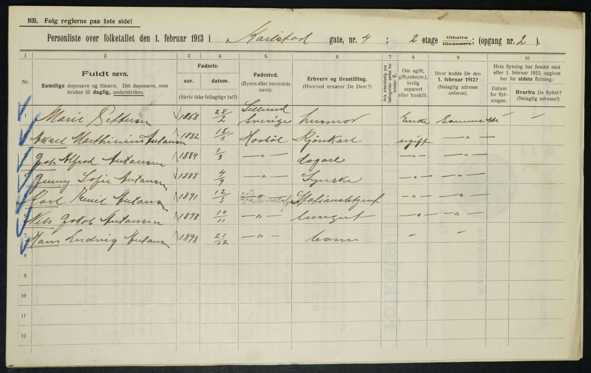 OBA, Municipal Census 1913 for Kristiania, 1913, p. 48711