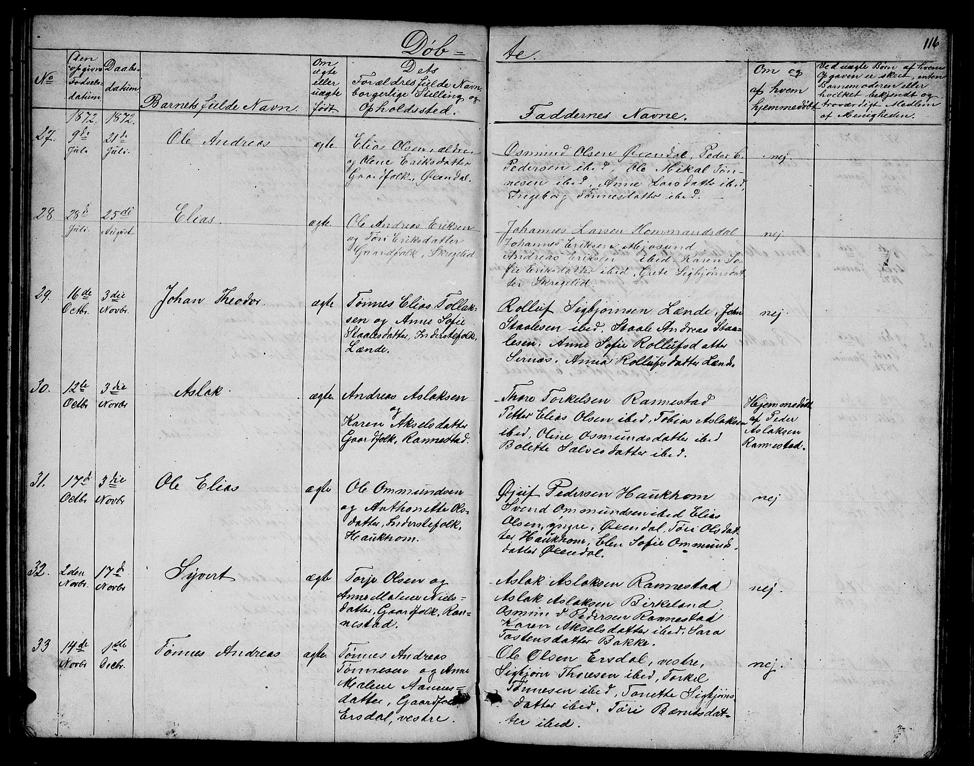 Bakke sokneprestkontor, AV/SAK-1111-0002/F/Fb/Fba/L0001: Parish register (copy) no. B 1, 1849-1879, p. 116