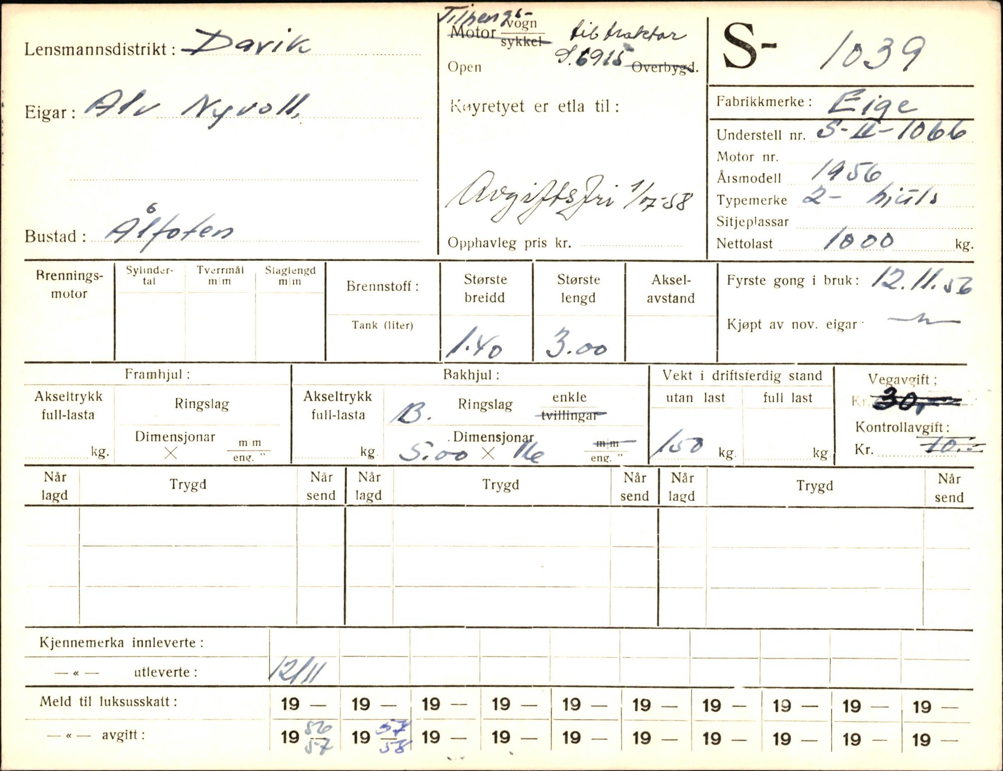 Statens vegvesen, Sogn og Fjordane vegkontor, AV/SAB-A-5301/4/F/L0003: Registerkort utmeldte Fjordane S1000-2499, 1930-1961, p. 68