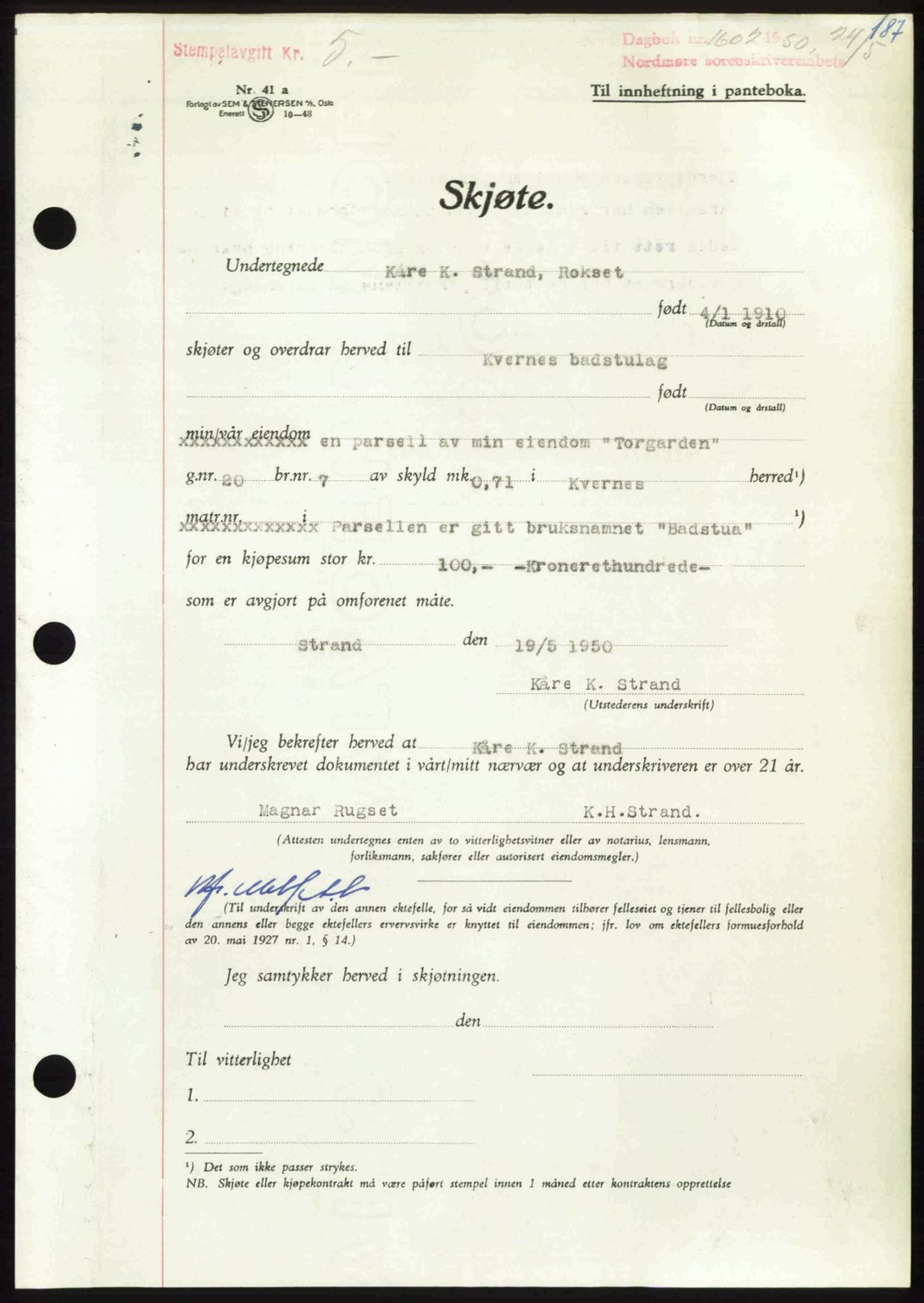 Nordmøre sorenskriveri, AV/SAT-A-4132/1/2/2Ca: Mortgage book no. A115, 1950-1950, Diary no: : 1602/1950