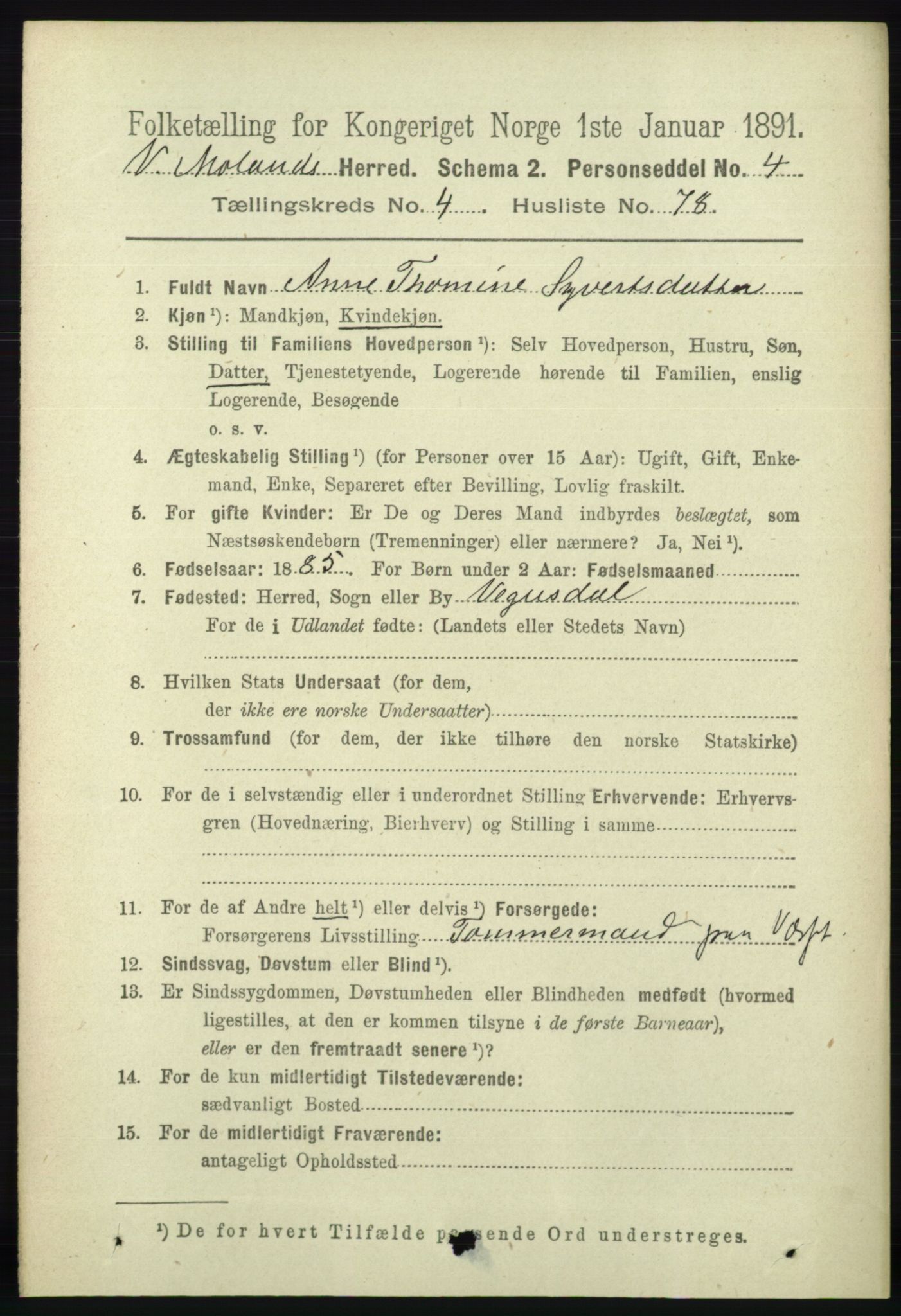 RA, 1891 census for 0926 Vestre Moland, 1891, p. 1745