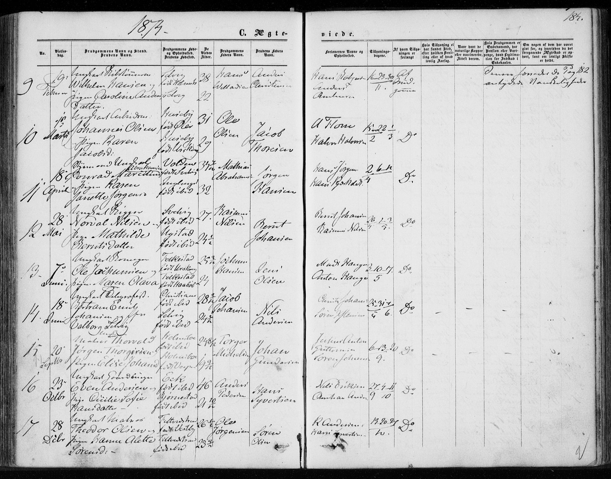 Hurum kirkebøker, AV/SAKO-A-229/F/Fa/L0012: Parish register (official) no. 12, 1861-1875, p. 184
