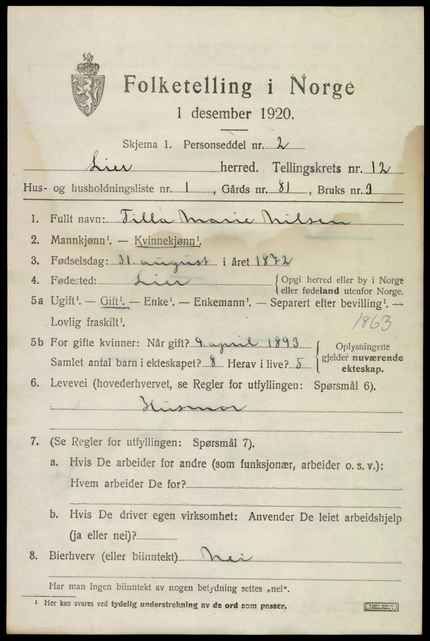 SAKO, 1920 census for Lier, 1920, p. 18500