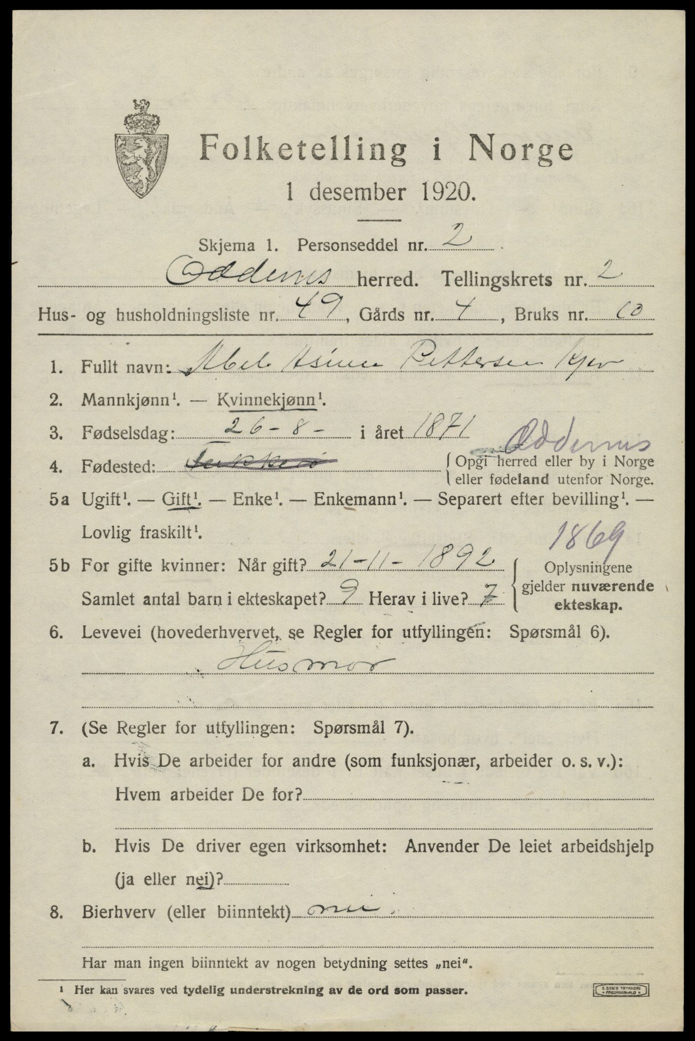 SAK, 1920 census for Oddernes, 1920, p. 3327