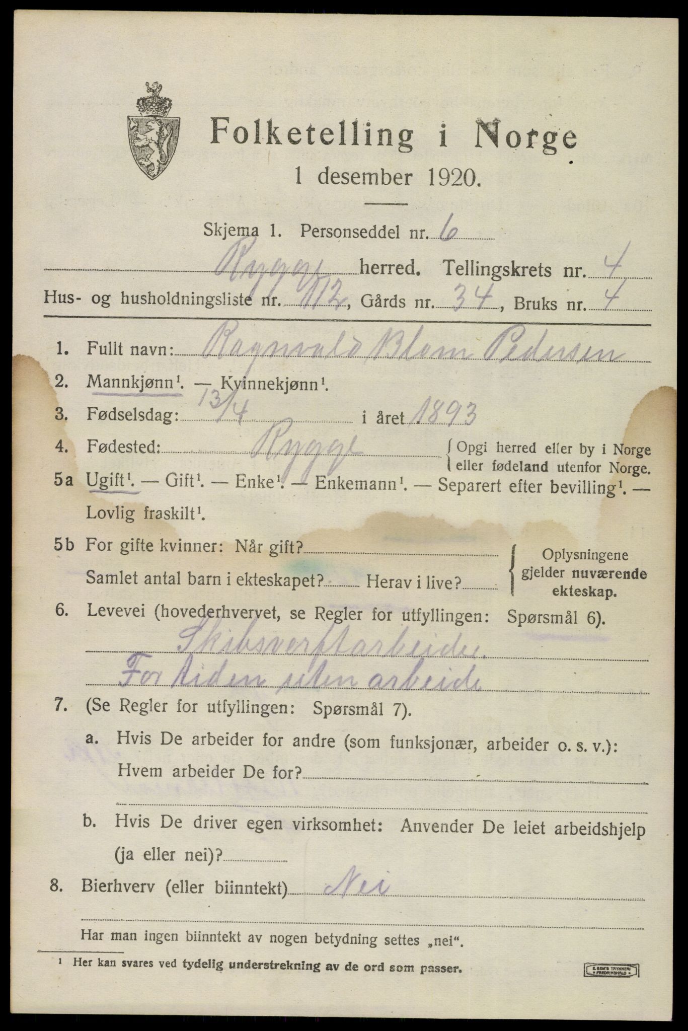 SAO, 1920 census for Rygge, 1920, p. 9549